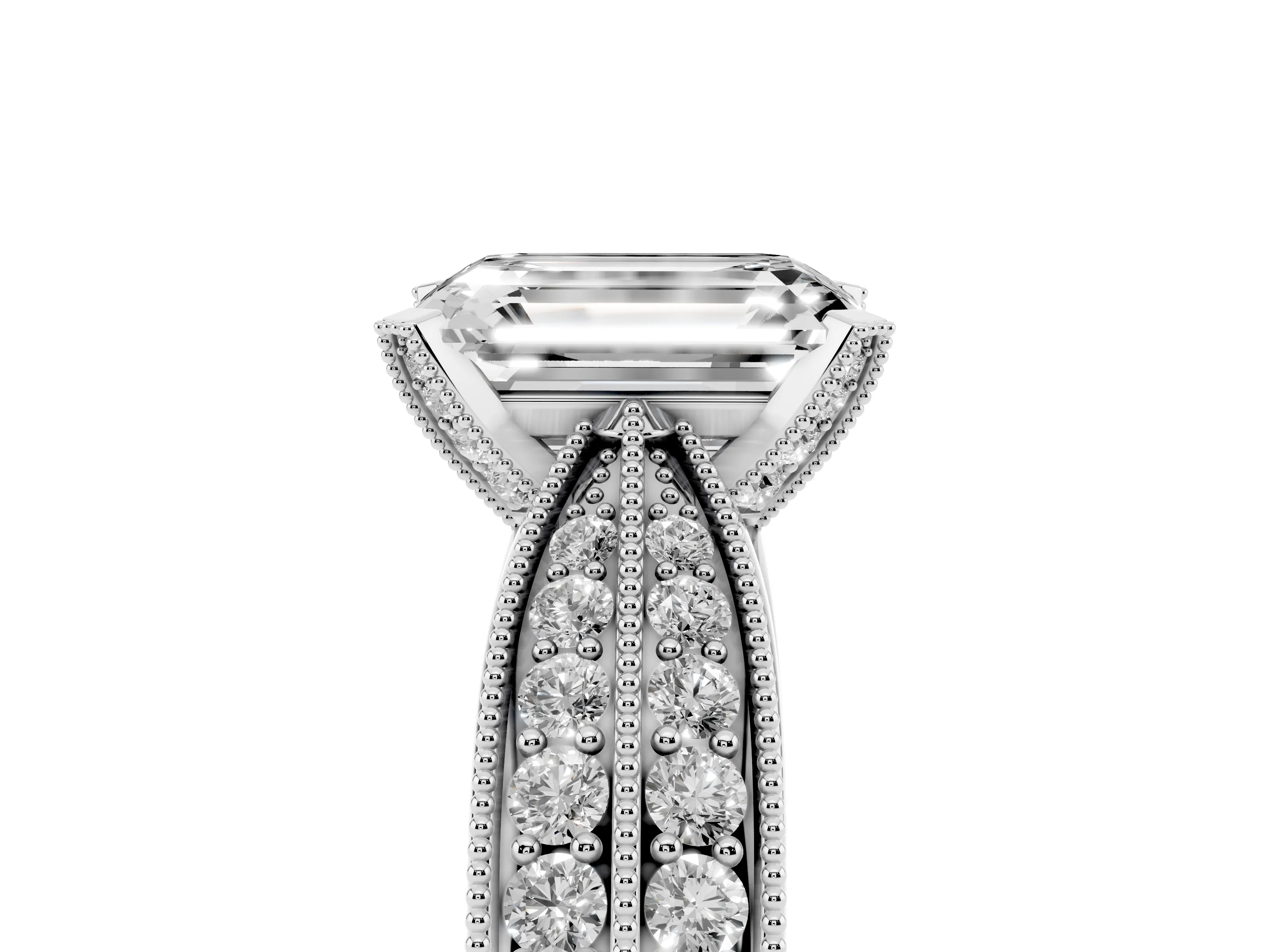 Emerald Cut Diamond Solitaire Ring Set in Platinum with Milgrain Double Row Round Pavé Band