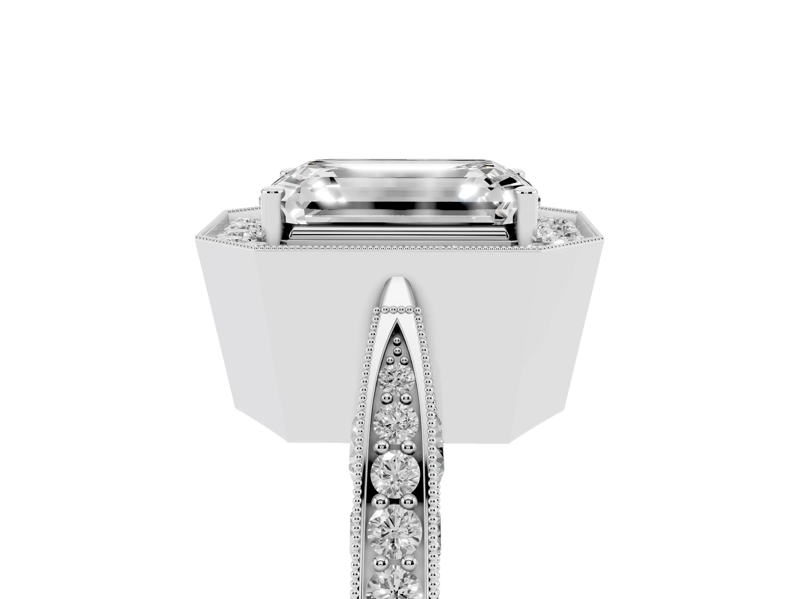 Emerald Cut Diamond Halo Engagement Ring Set in Silver with Accent Split Shank Band