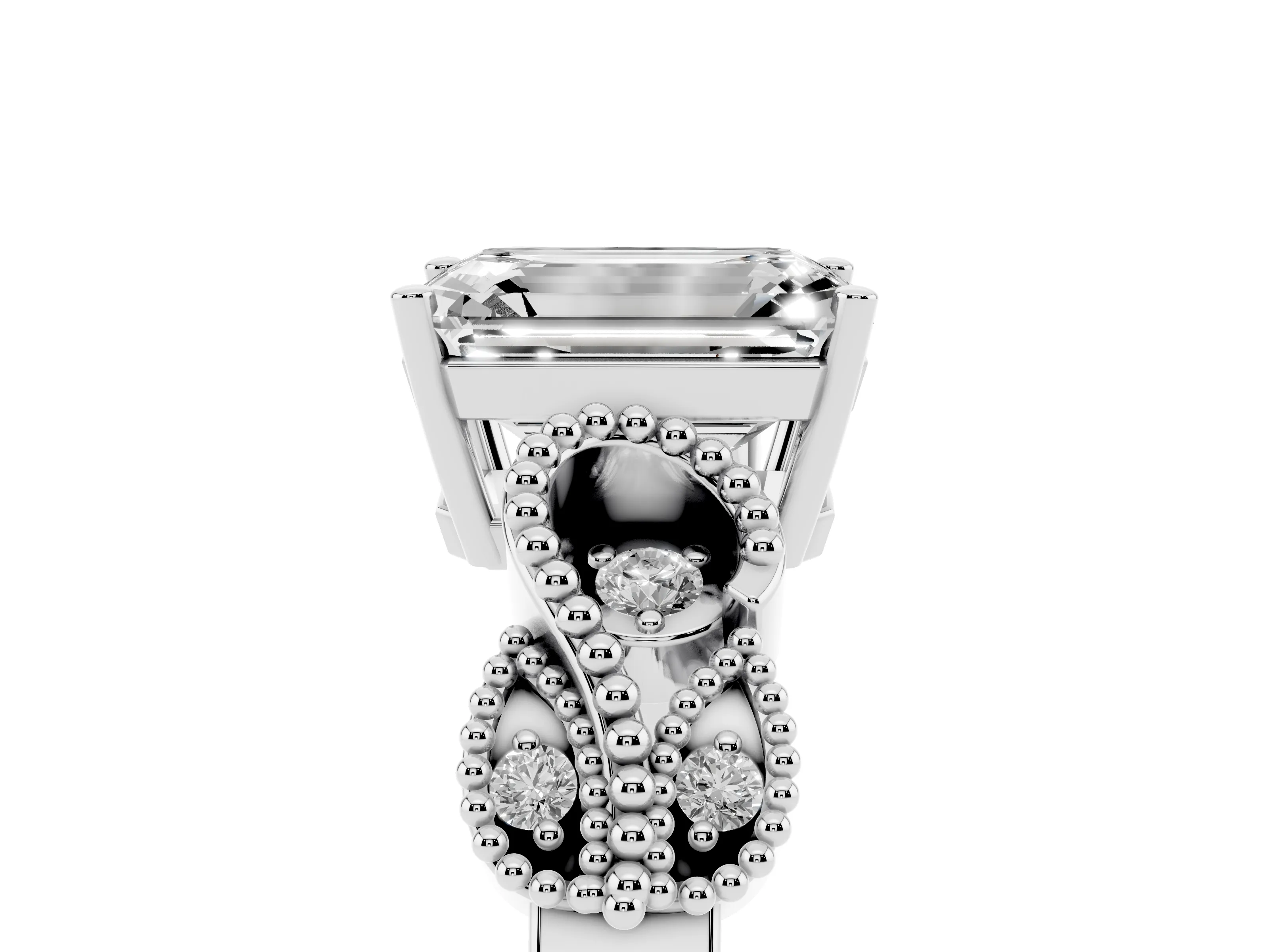 Emerald Cut Diamond Milgrain Leaf Band Solitaire Ring Set in White gold with Accent Stones and Prong Setting