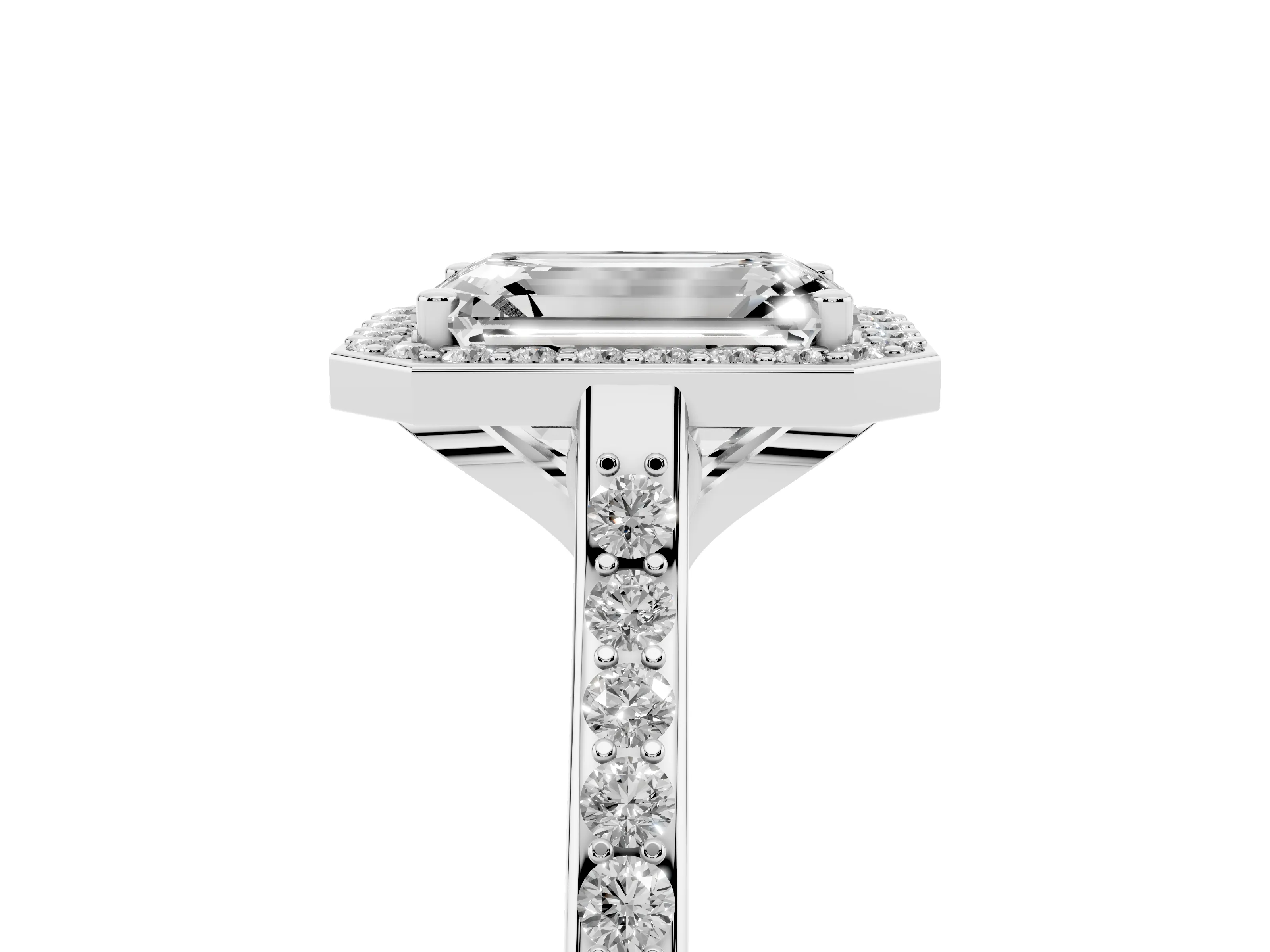 Emerald Cut Diamond Halo Engagement Ring Set in Platinum with Round Pavé Shoulders and Heart Gallery