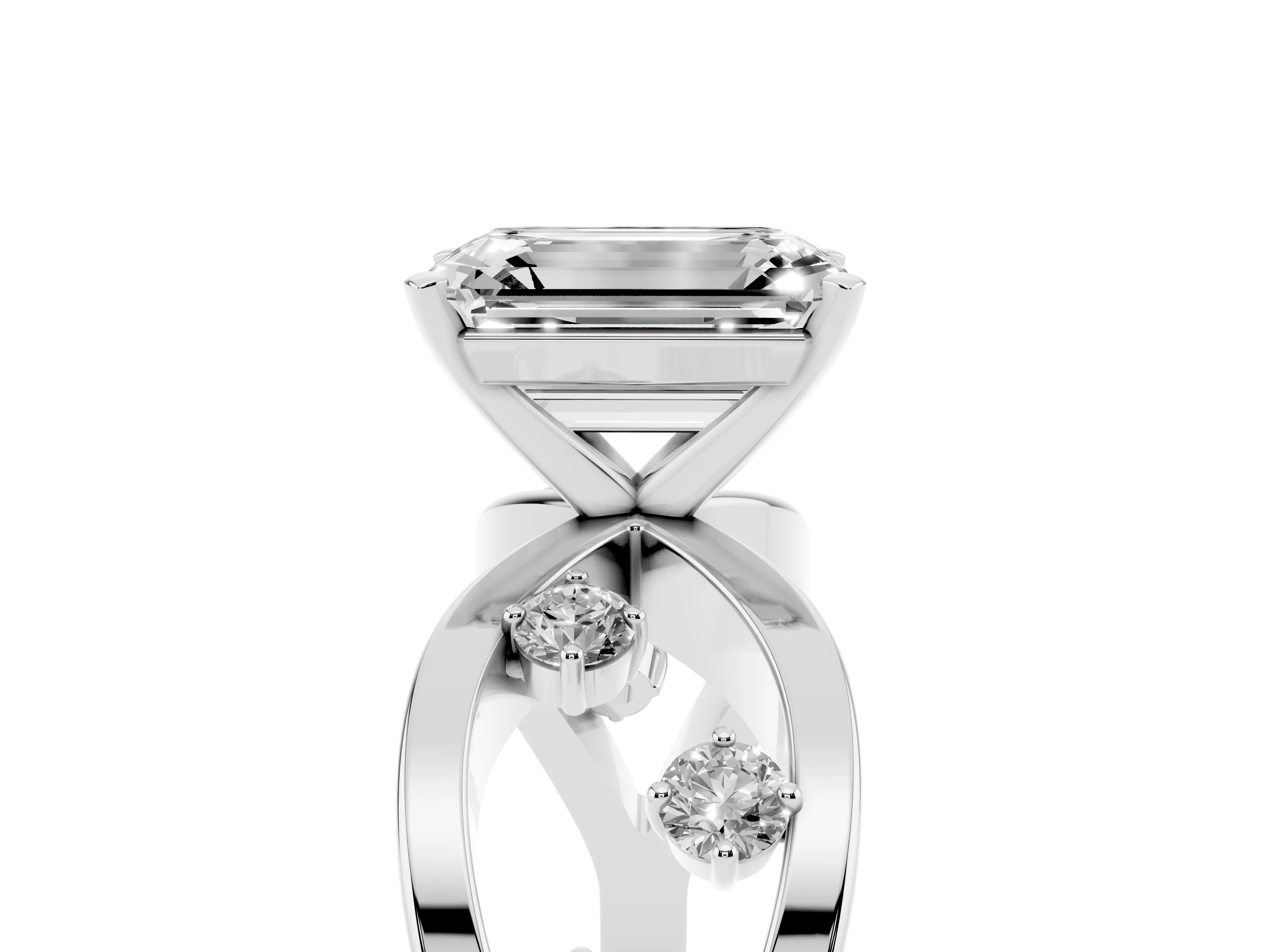 Emerald Cut Diamond Solitaire Ring Set in Platinum with Side Stones on Criss-Cross Band and Prong Setting