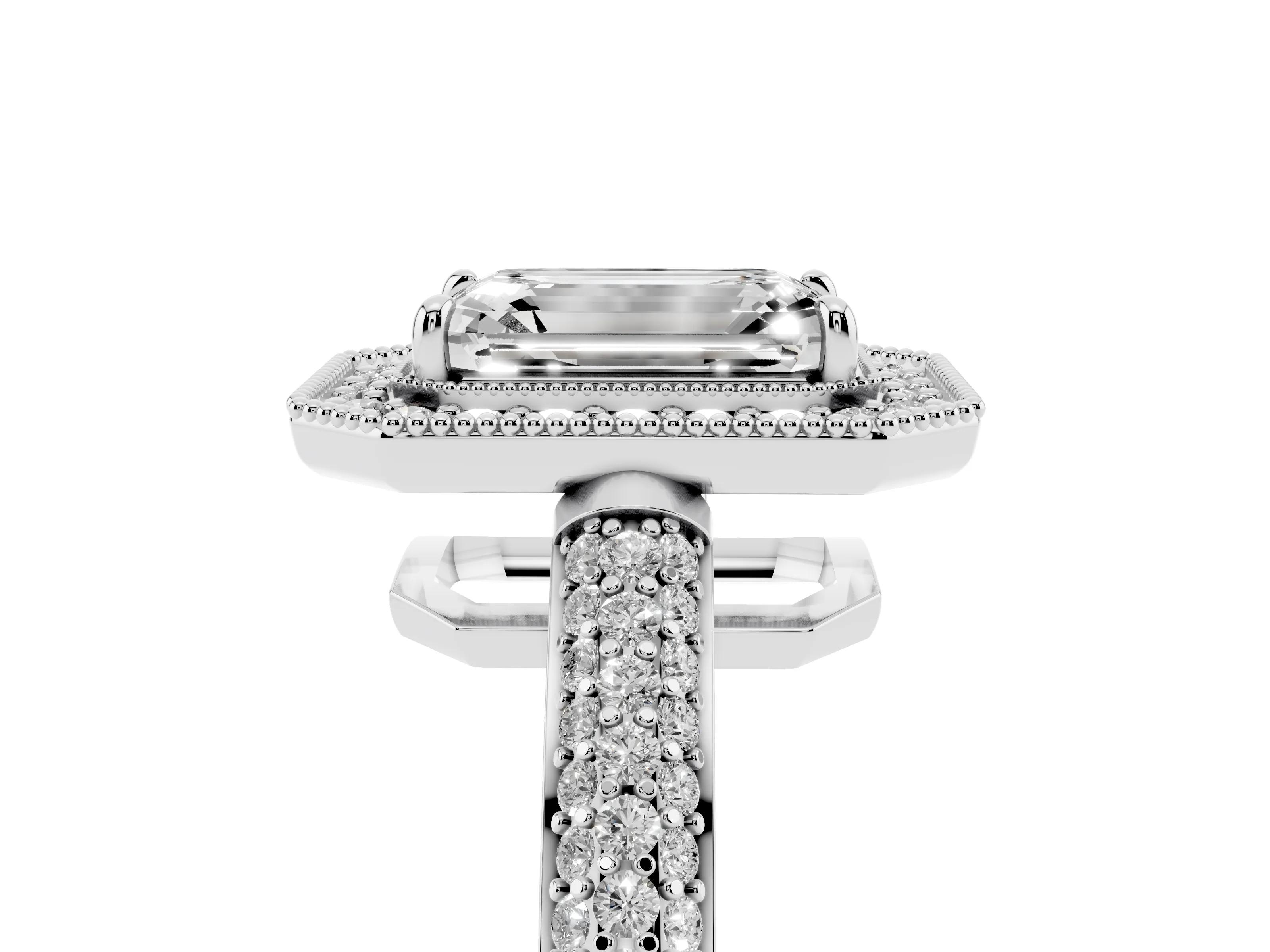 Emerald Cut Diamond Halo Pavé Band Set in Silver with Prong Setting