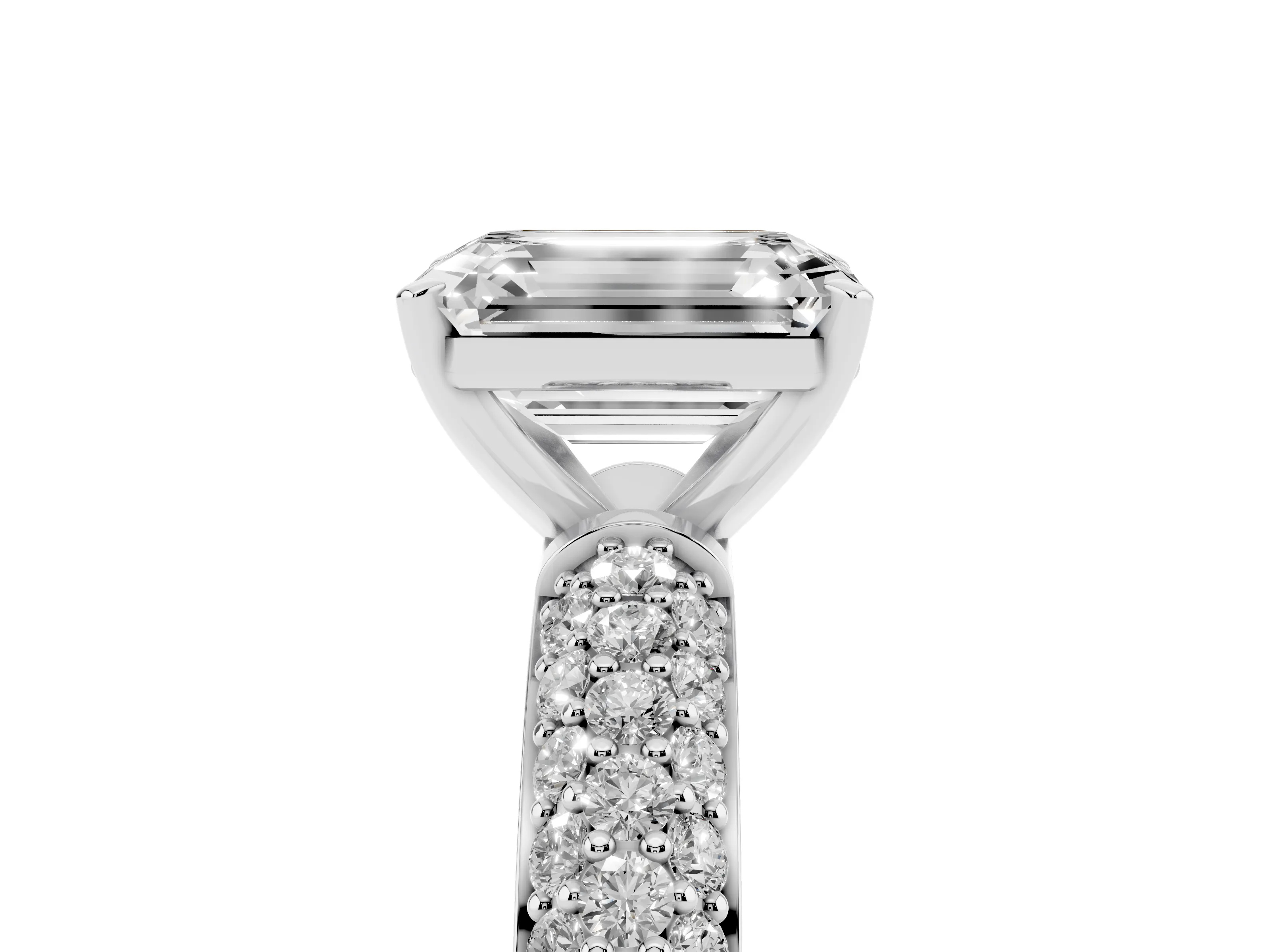 Emerald Cut Diamond Solitaire Ring Set in Platinum with Prong Setting and Pavé-Set Band
