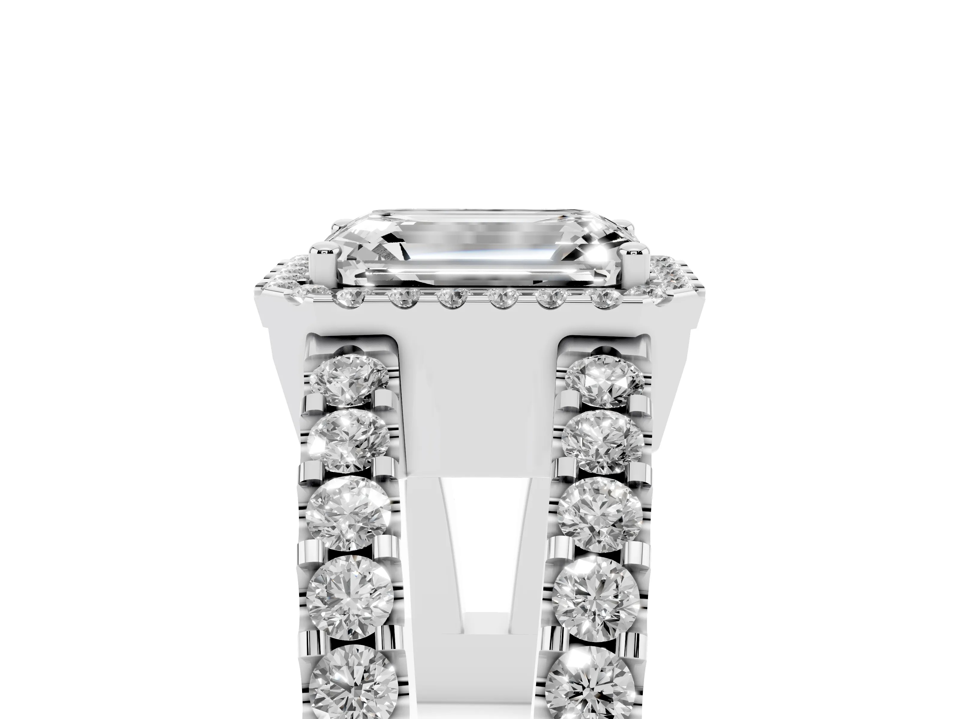 Emerald Cut Diamond Halo Ring Set in Silver with Pavé Split Shank and Prong Setting