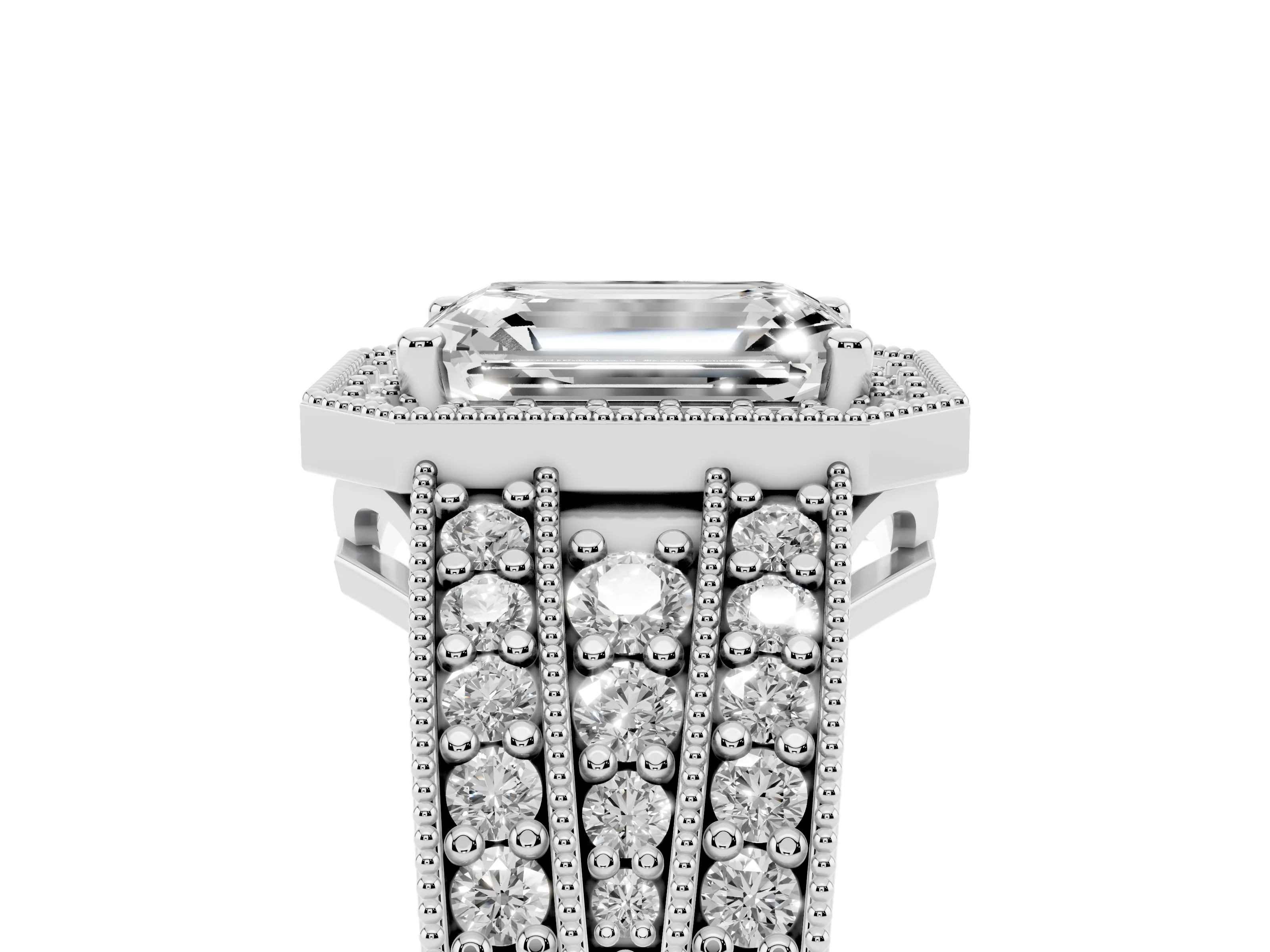 Emerald Cut Diamond Halo Ring Set in Silver with Accent Split Shank and Prong Setting