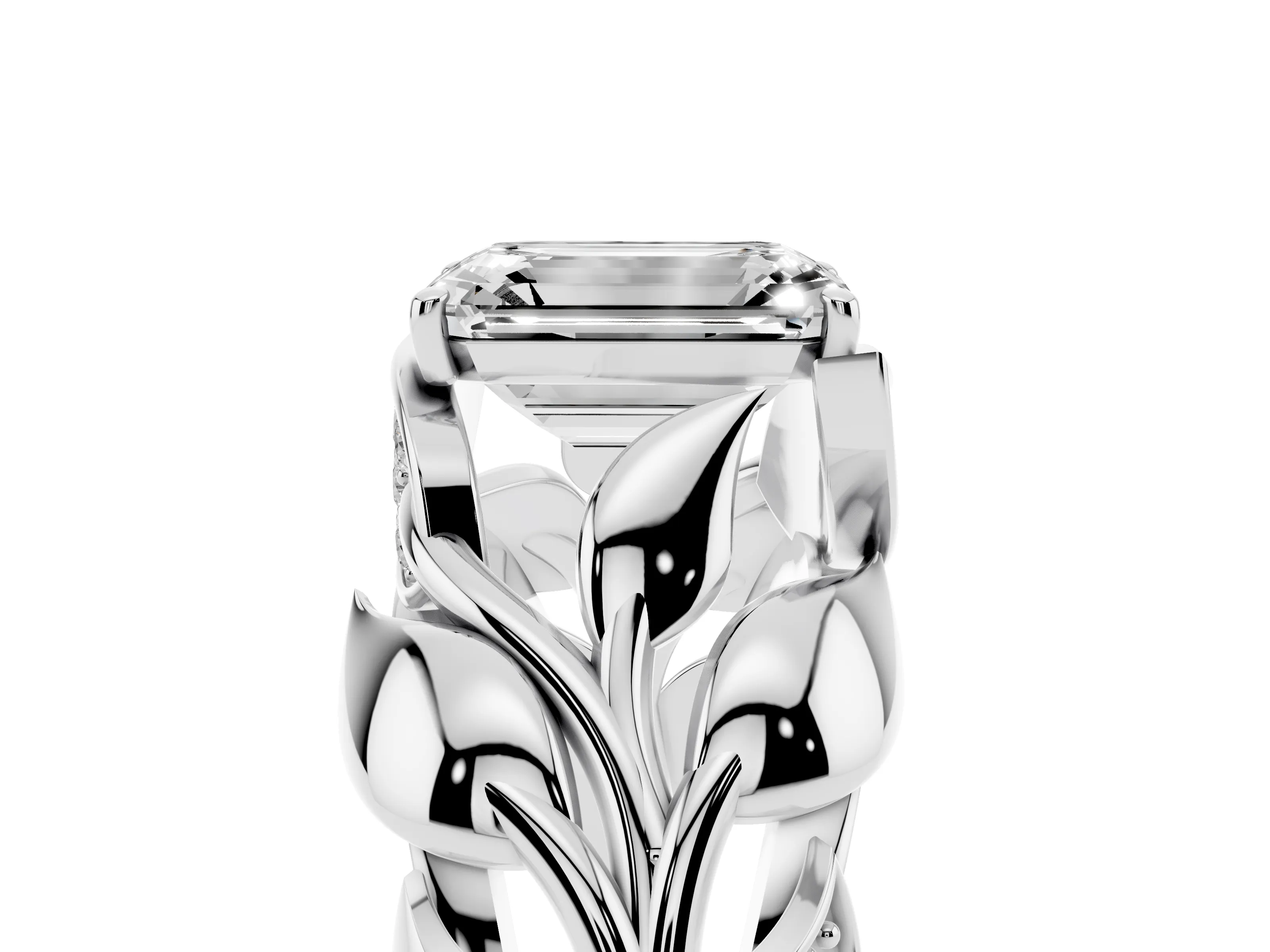 Emerald Cut Diamond Leaf-Inspired Engagement Ring Set in Silver with Round Accents