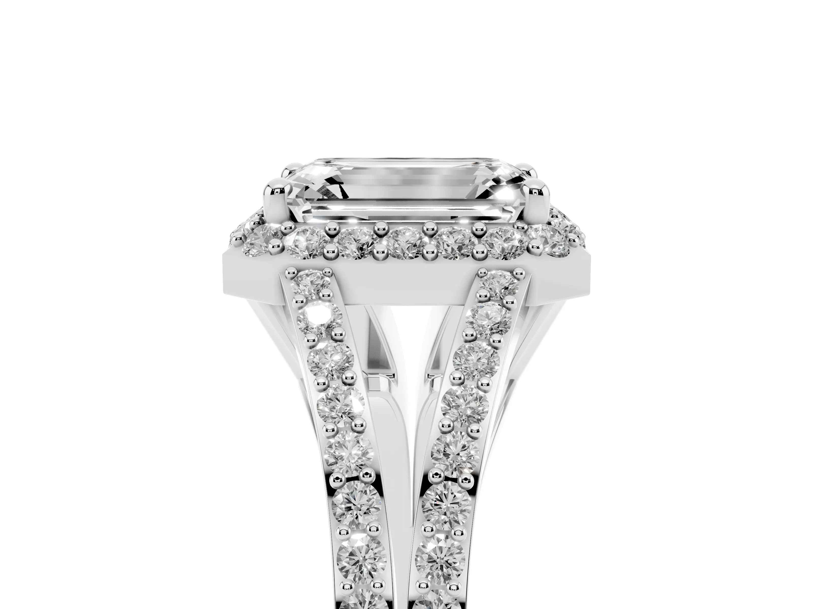 Emerald Cut Diamond Halo Split Shank Pavé Ring Set in Silver with Prong Setting