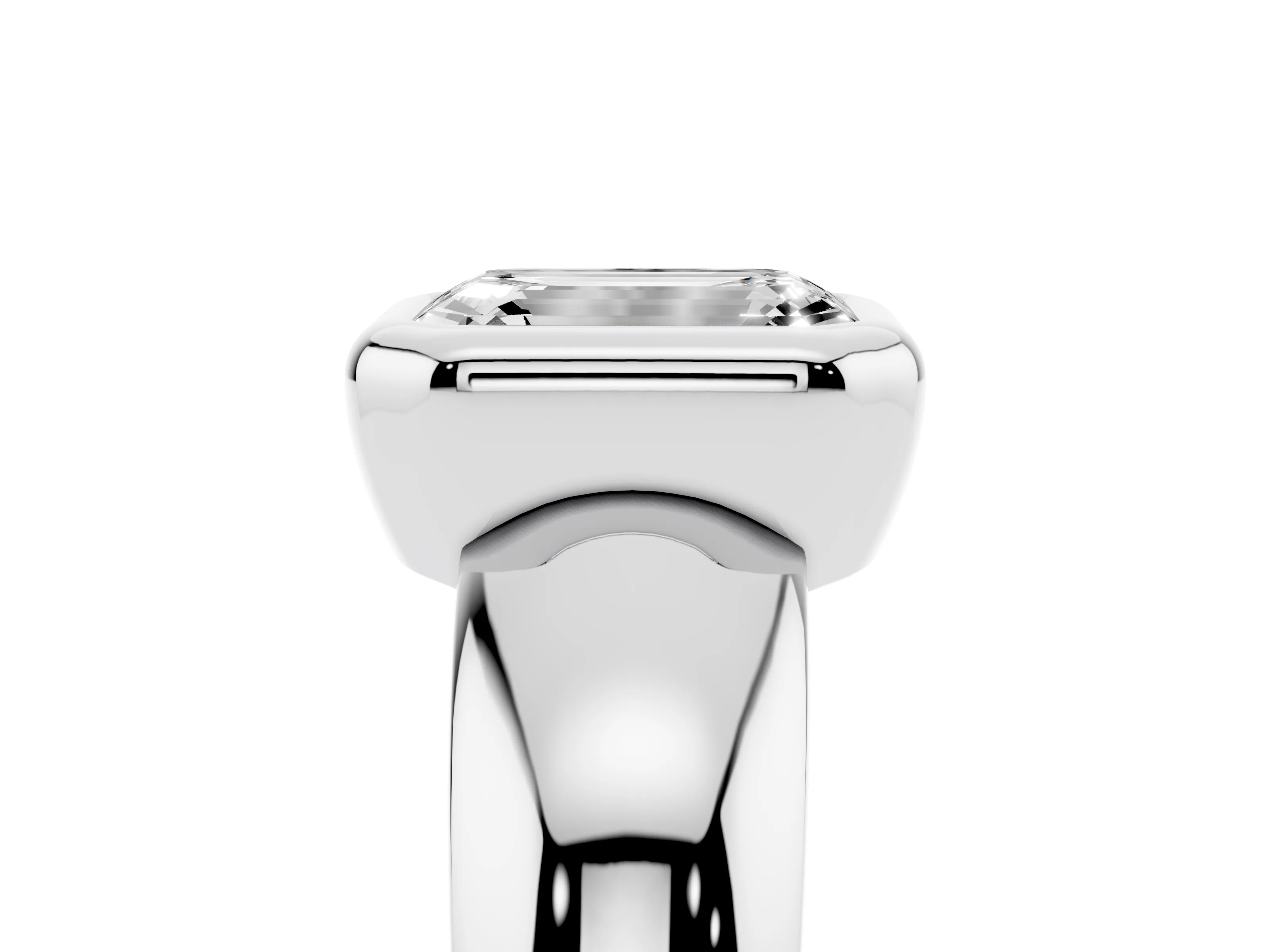Bezel Set Emerald Cut Diamond Solitaire Ring Set in White gold with Wide Band