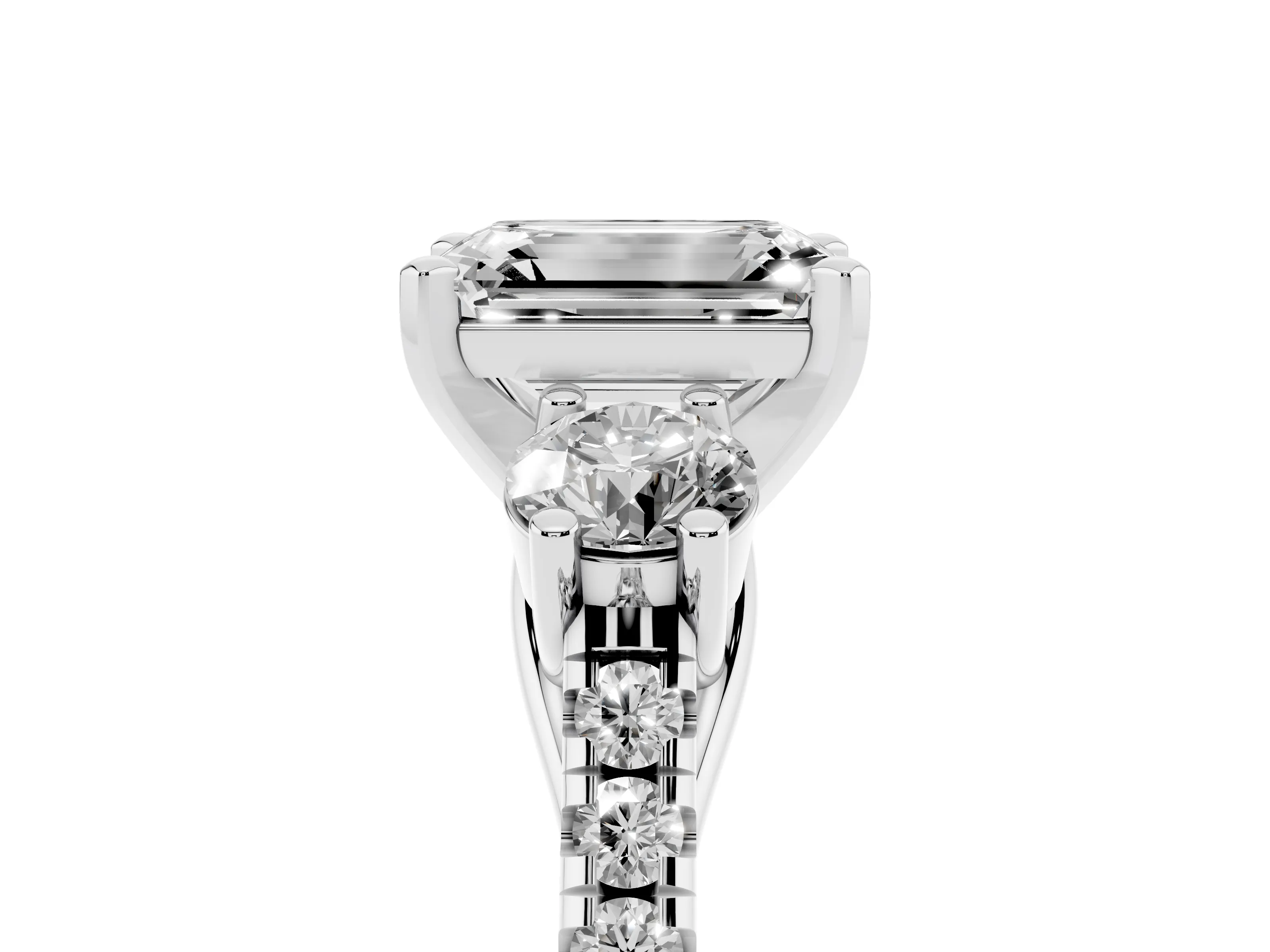 Three-Stone Emerald Cut Diamond Pavé Band Ring Set in Platinum with Prong-Set Trio
