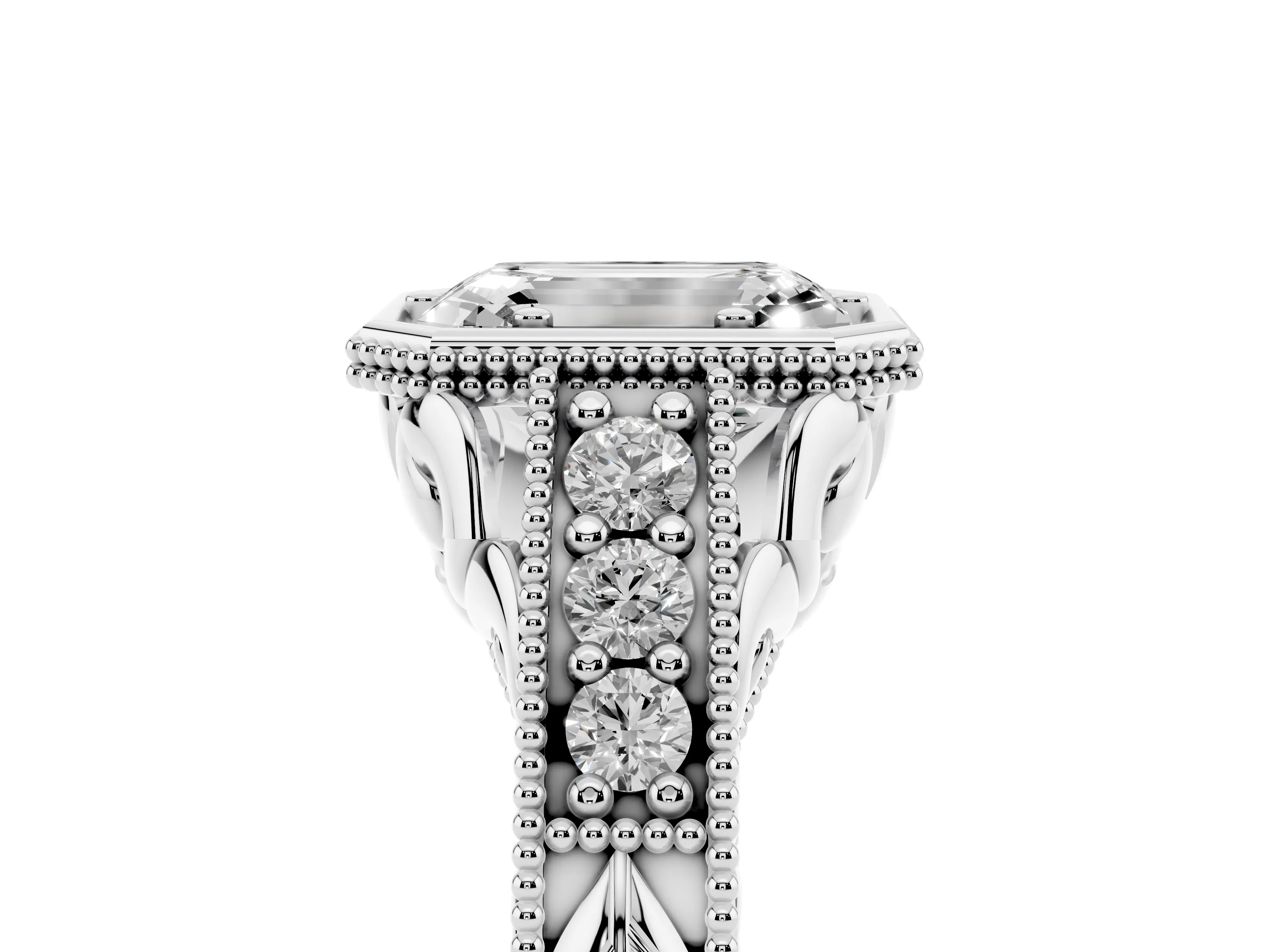 Bezel Set Emerald Cut Diamond Milgrain Pavé Engagement Ring Set in Silver