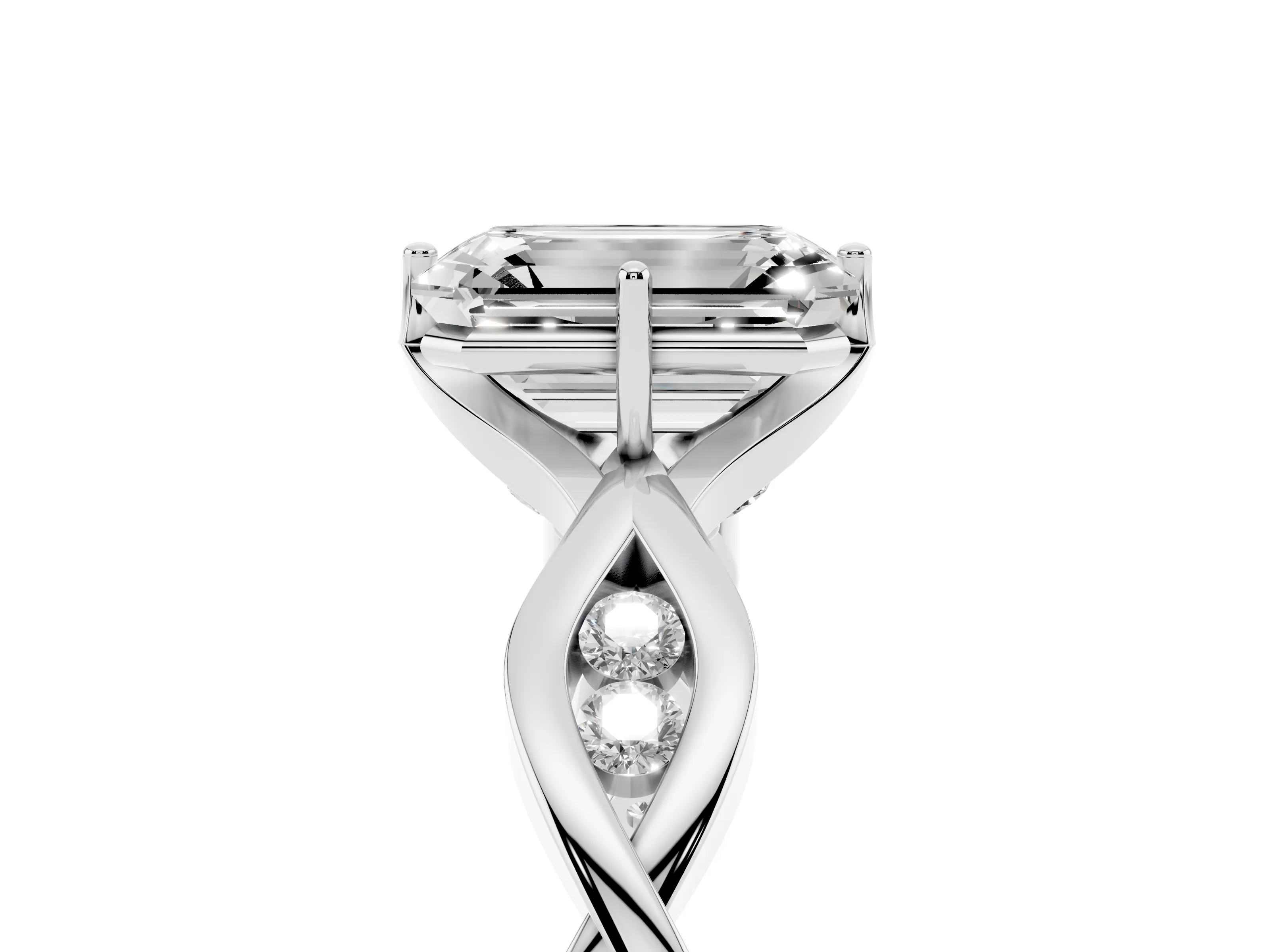 Emerald Cut Diamond Twist Band Solitaire Ring Set in Platinum with Leaf Prong Setting and Accent Stones