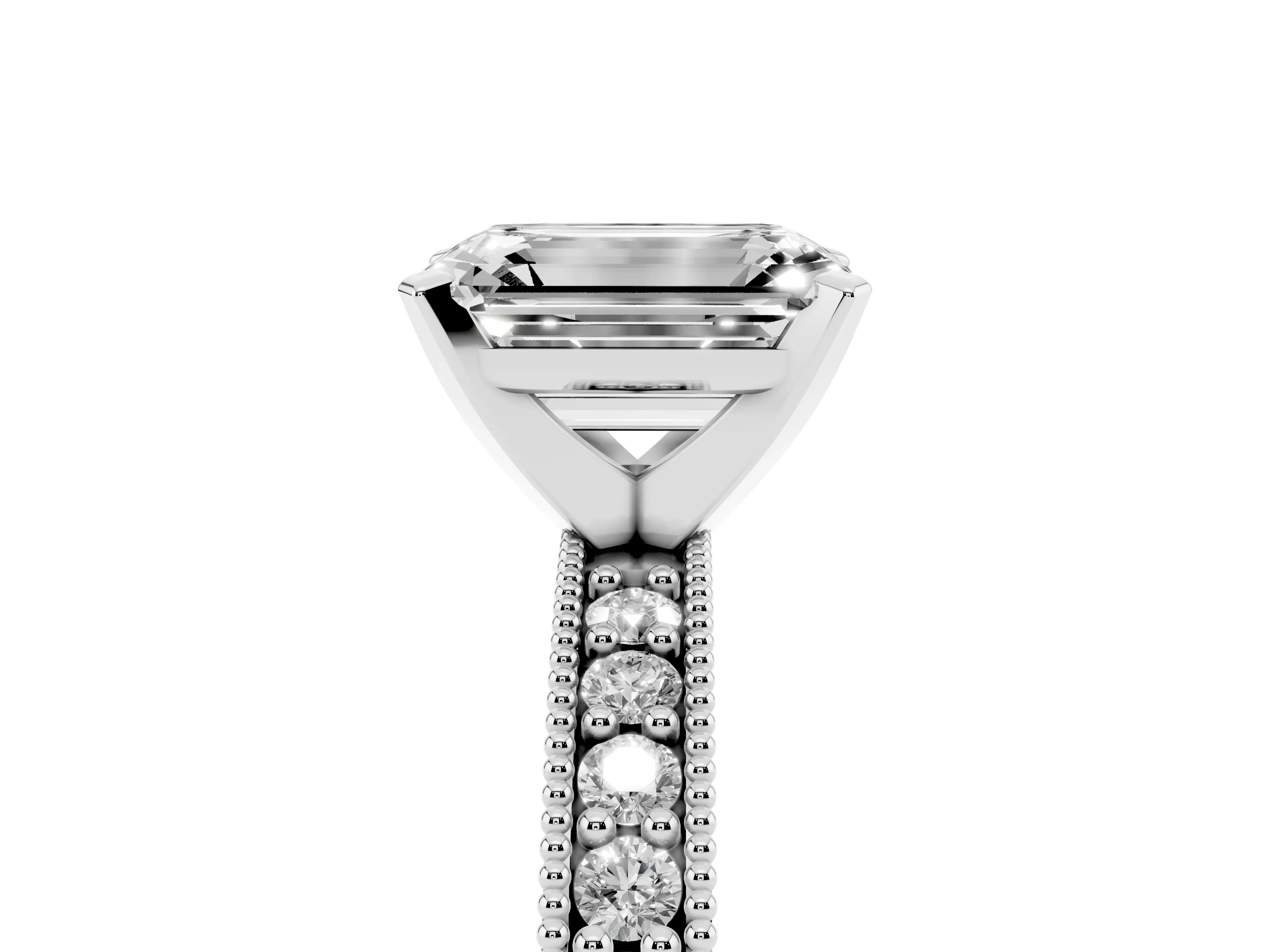 Emerald Cut Diamond Milgrain Pavé Engagement Ring Set in Platinum with Prong Setting
