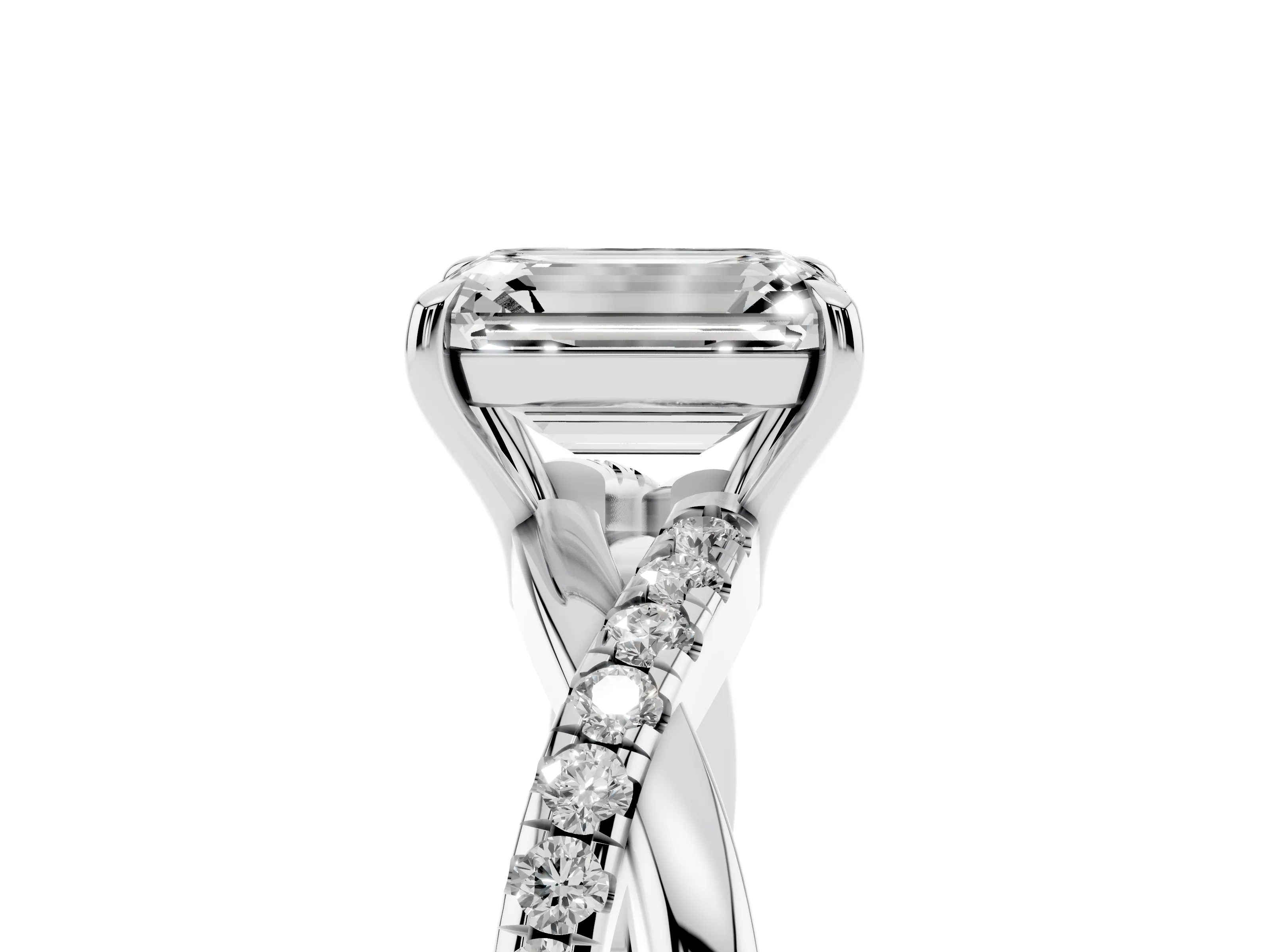 Emerald Cut Diamond Twisted Pavé Band Ring Set in Silver with Prong Setting