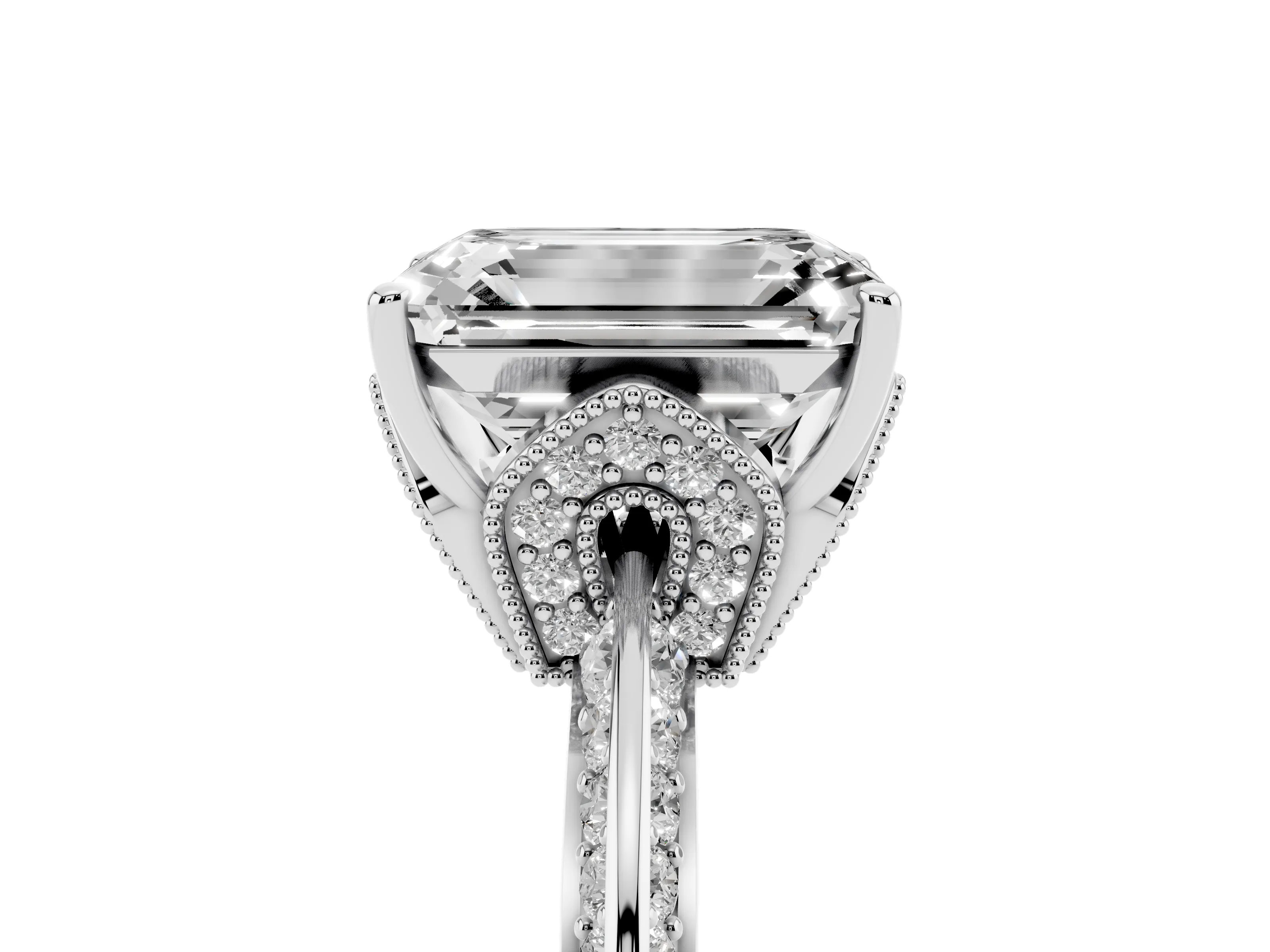 Emerald Cut Diamond Solitaire Engagement Ring Set in Silver with Pavé Split Shank and Prong Setting