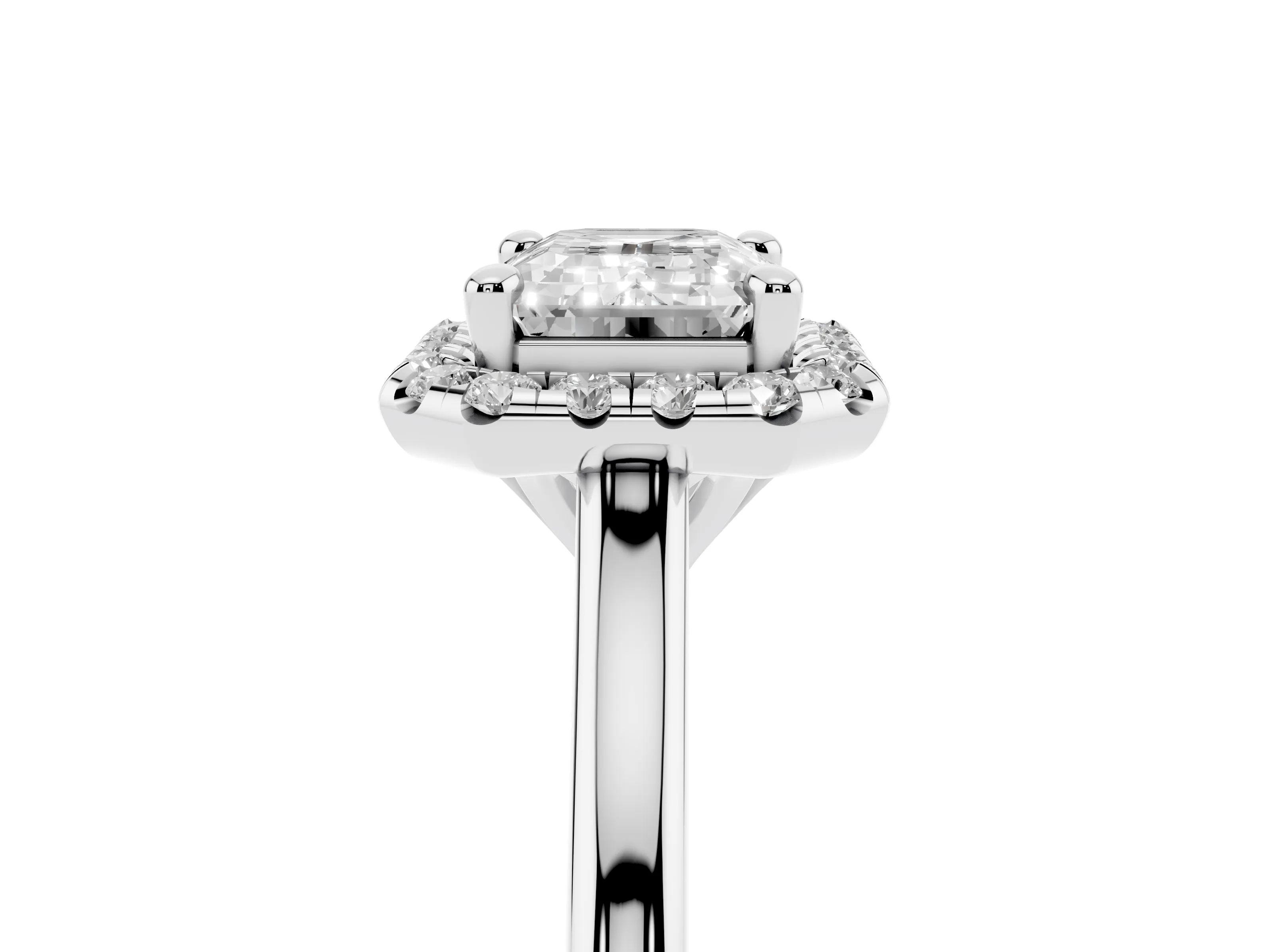 Emerald Cut Diamond Halo Engagement Ring Set in White gold with Pavé Band and Rising Shoulders