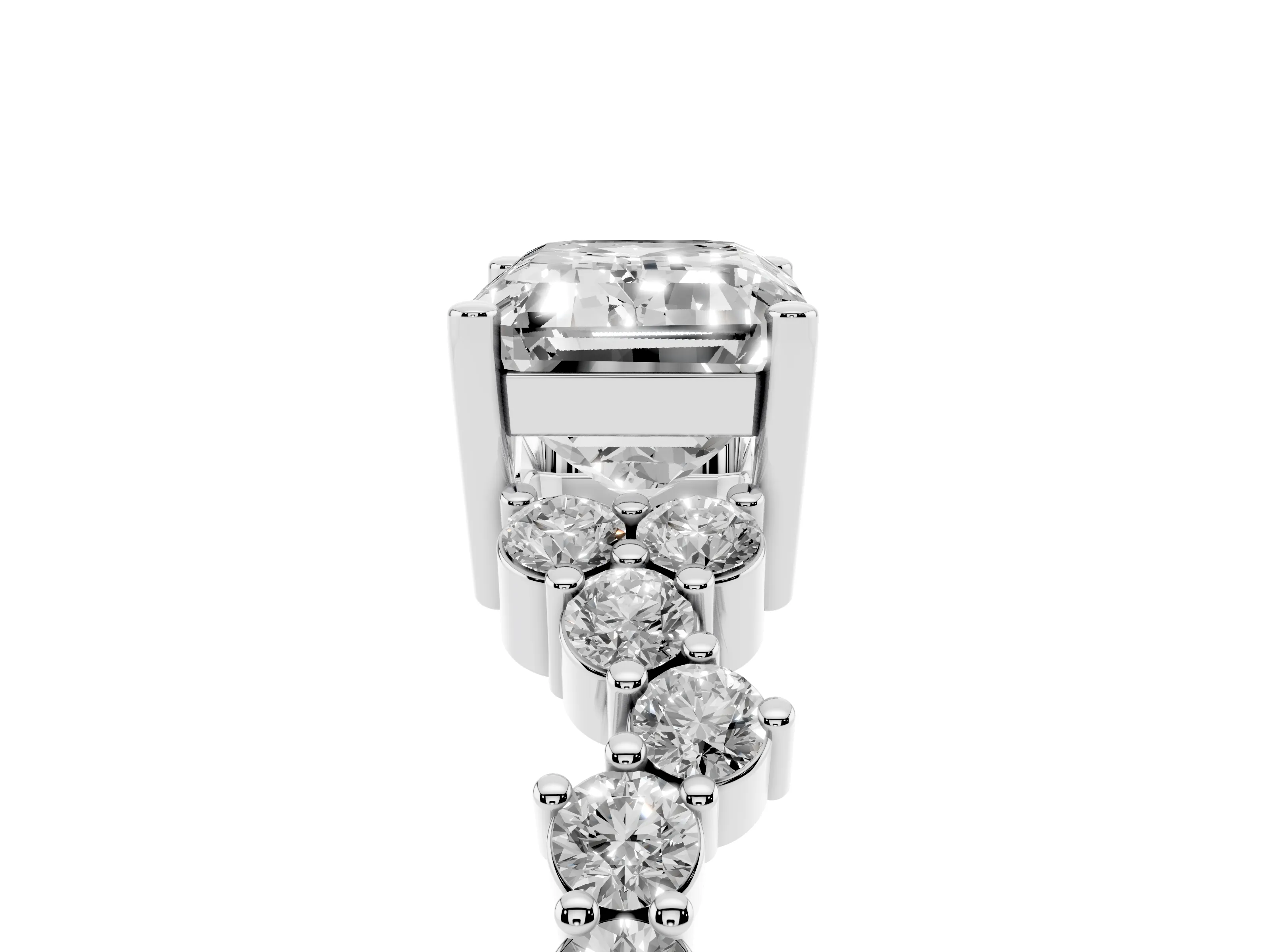 Emerald Cut Diamond Ring Set in Silver with Scattered Round Accents