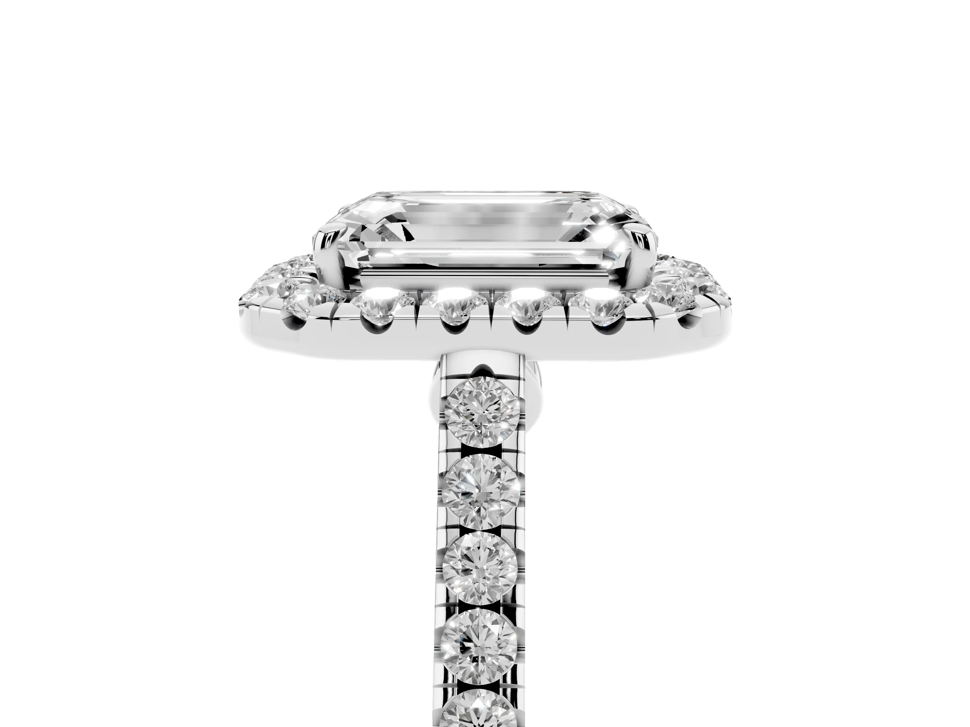 Emerald Cut Diamond Halo Pavé Engagement Ring Set in Silver with Prong Setting