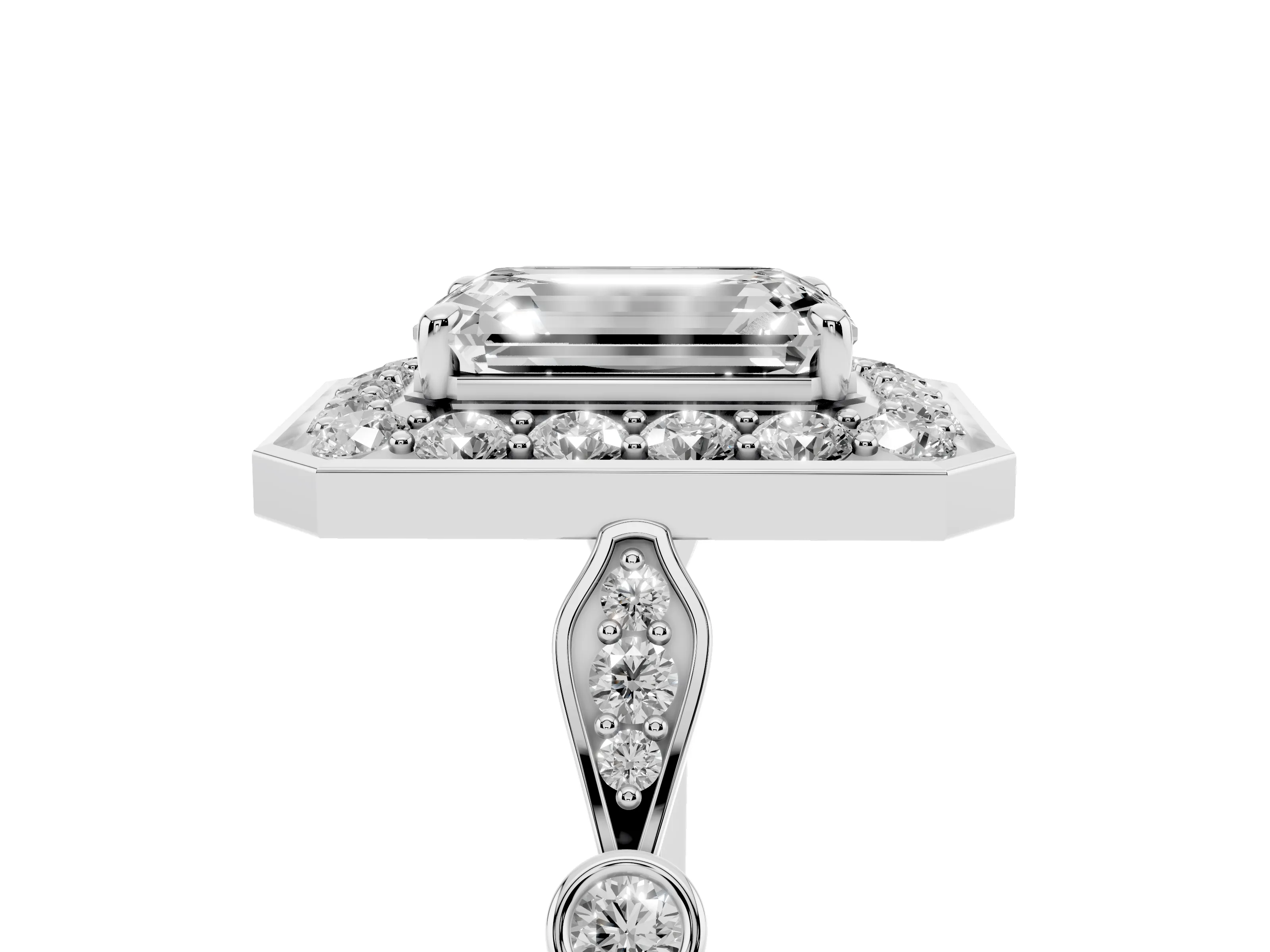 Emerald Cut Diamond Halo Engagement Ring Set in Platinum with Twisted Band and Prong Setting