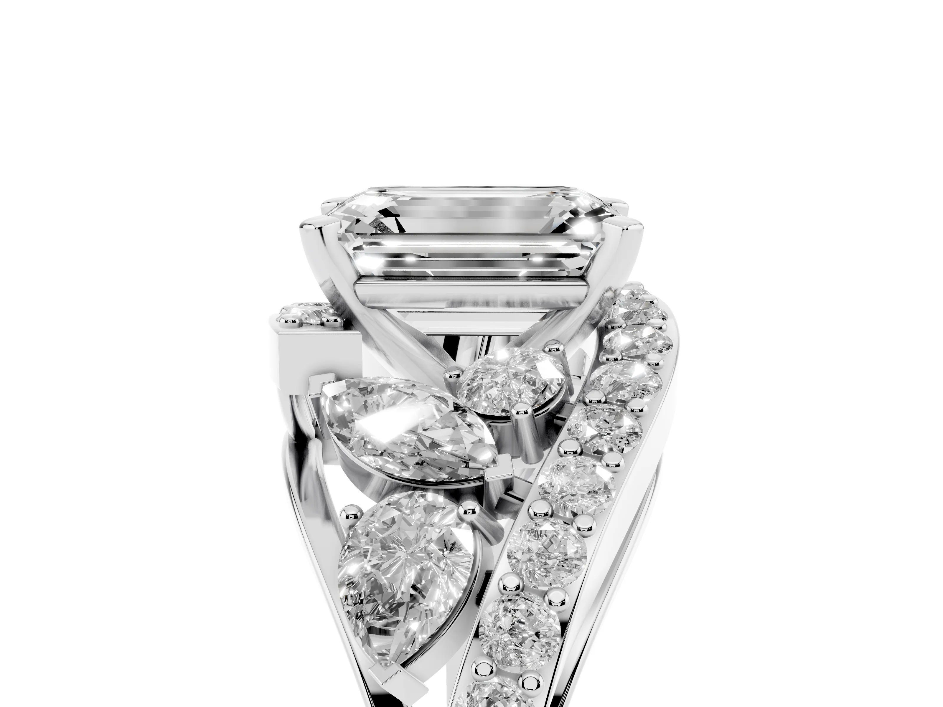 Emerald Cut Diamond Halo Ring Set in White gold with Marquise and Pavé Band in Prong Setting