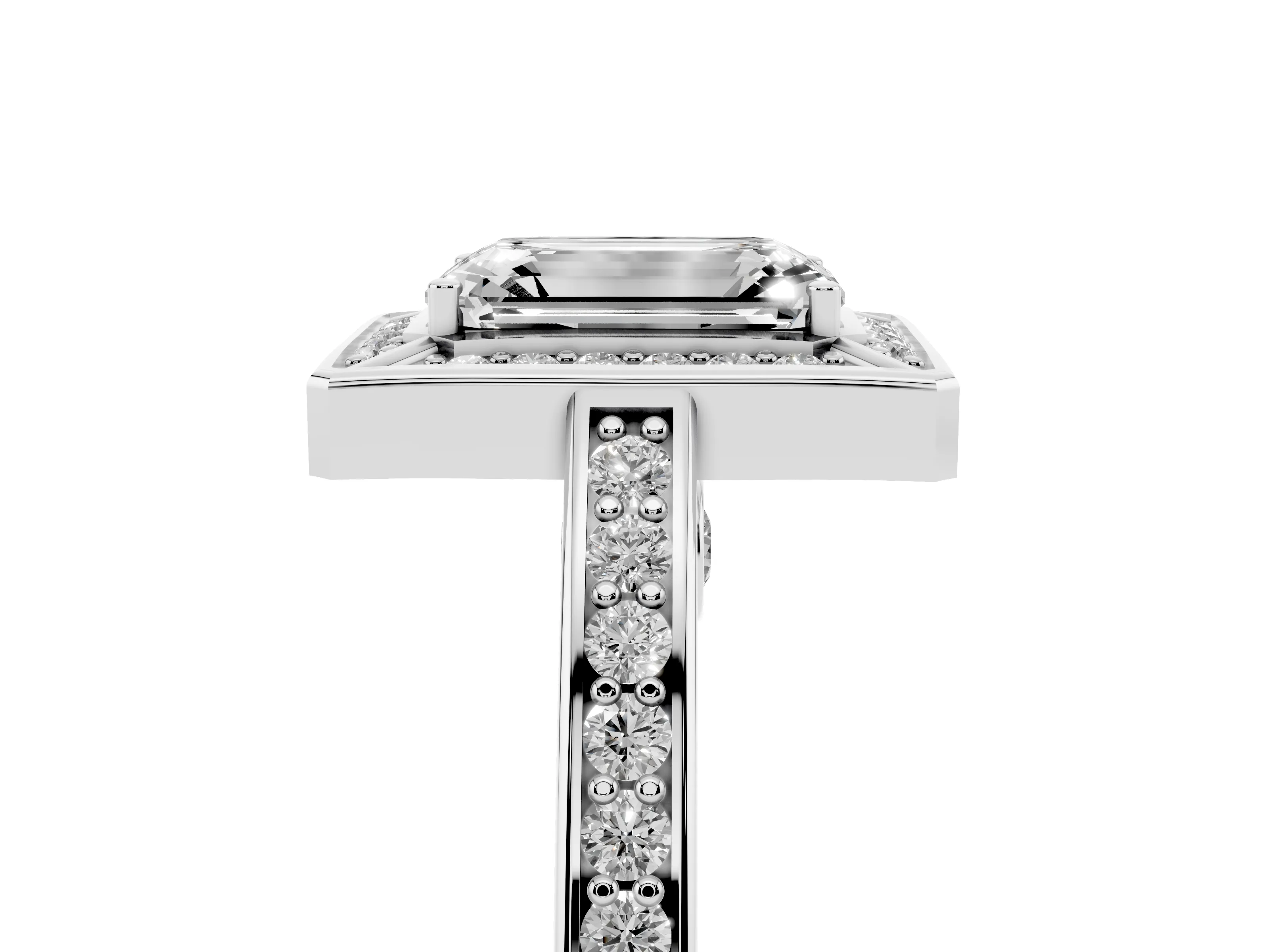 Emerald Cut Diamond Halo Pavé Split Shank Ring Set in Silver with Prong Setting