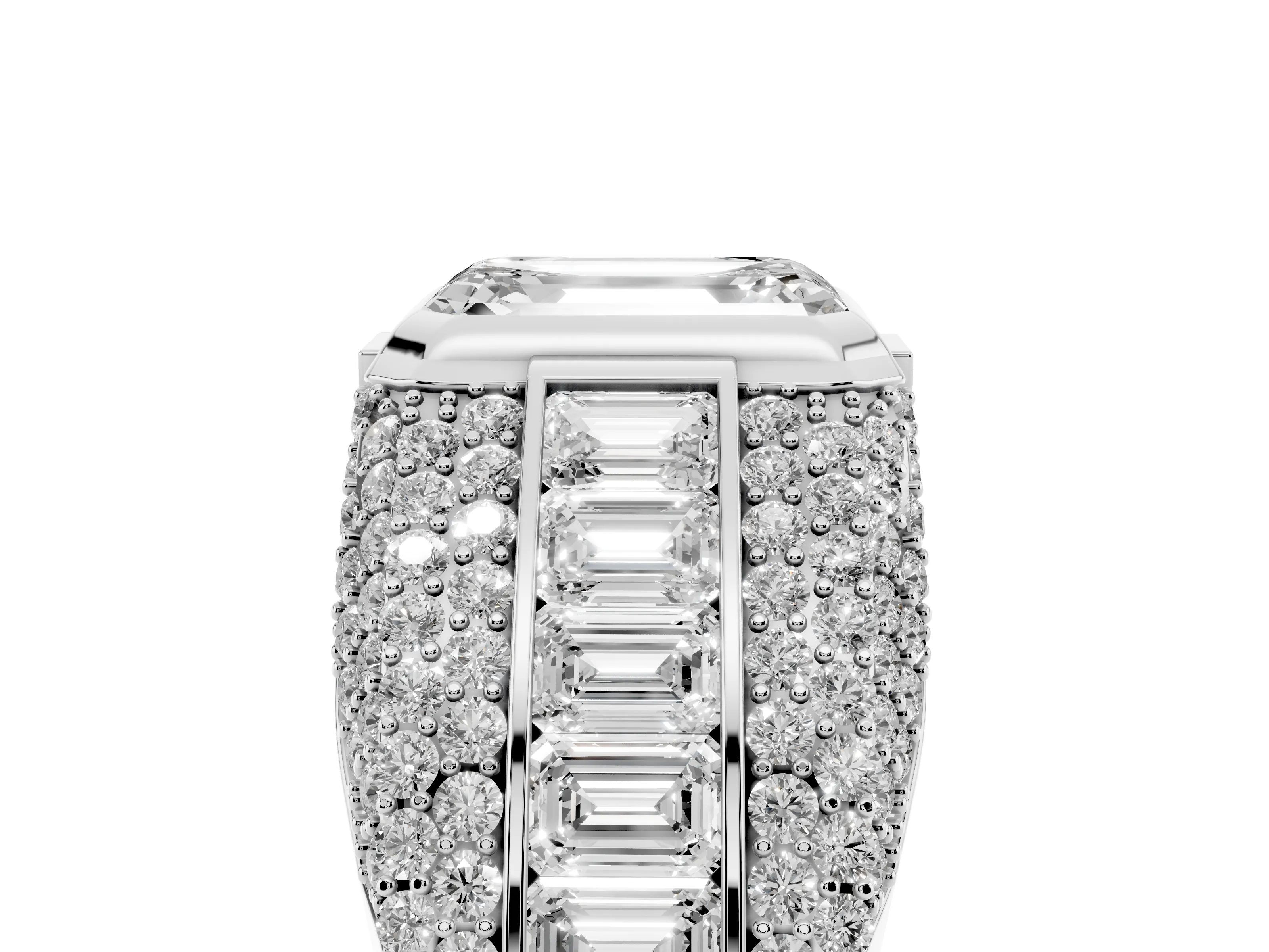 Emerald Cut Diamond Mens Ring Set in Platinum with Structured Side Stones and Pavé Shoulders