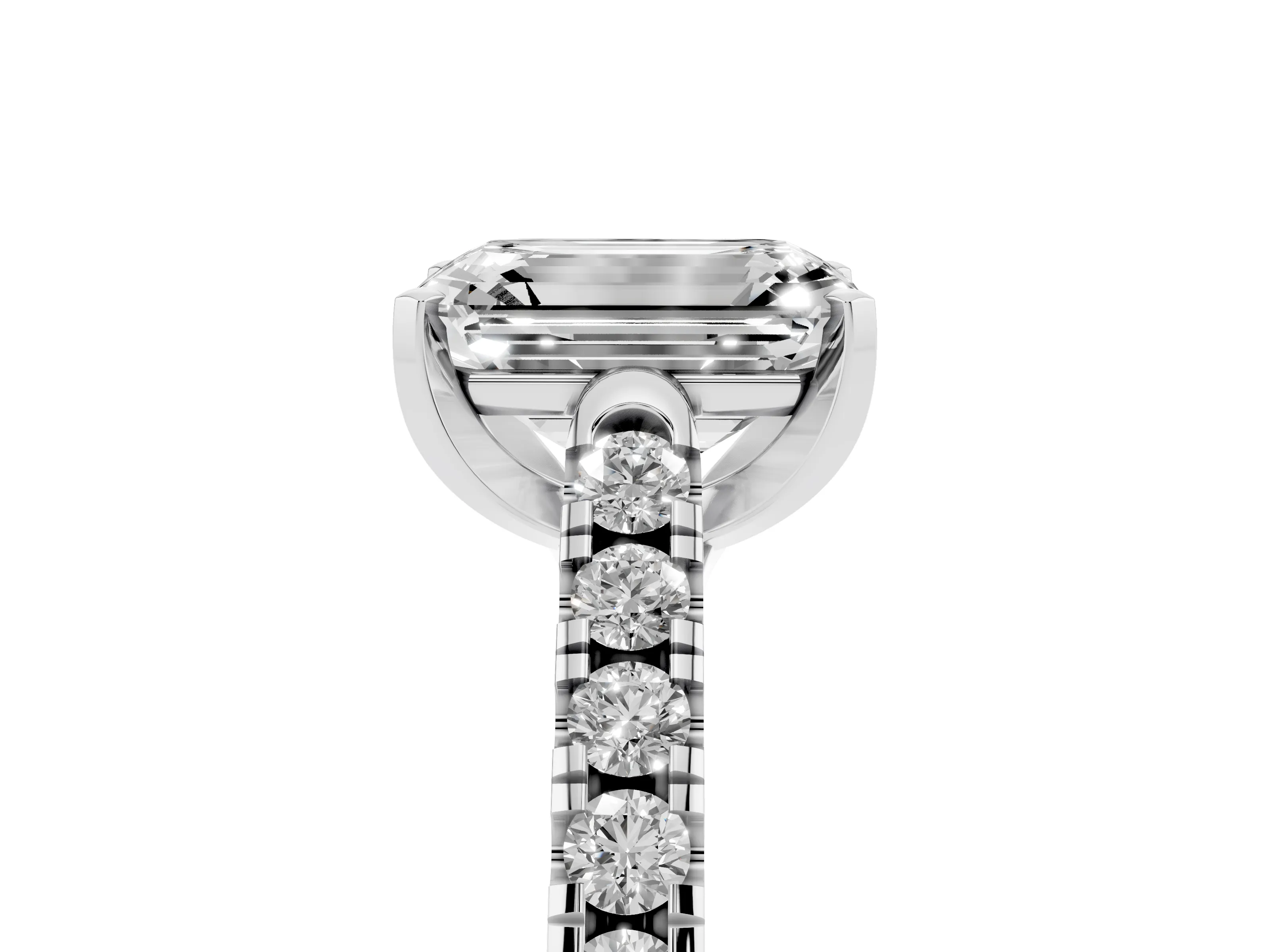 Emerald Cut Diamond Pavé Band Solitaire Ring Set in Silver with Partway Accent Stones and Prong Setting
