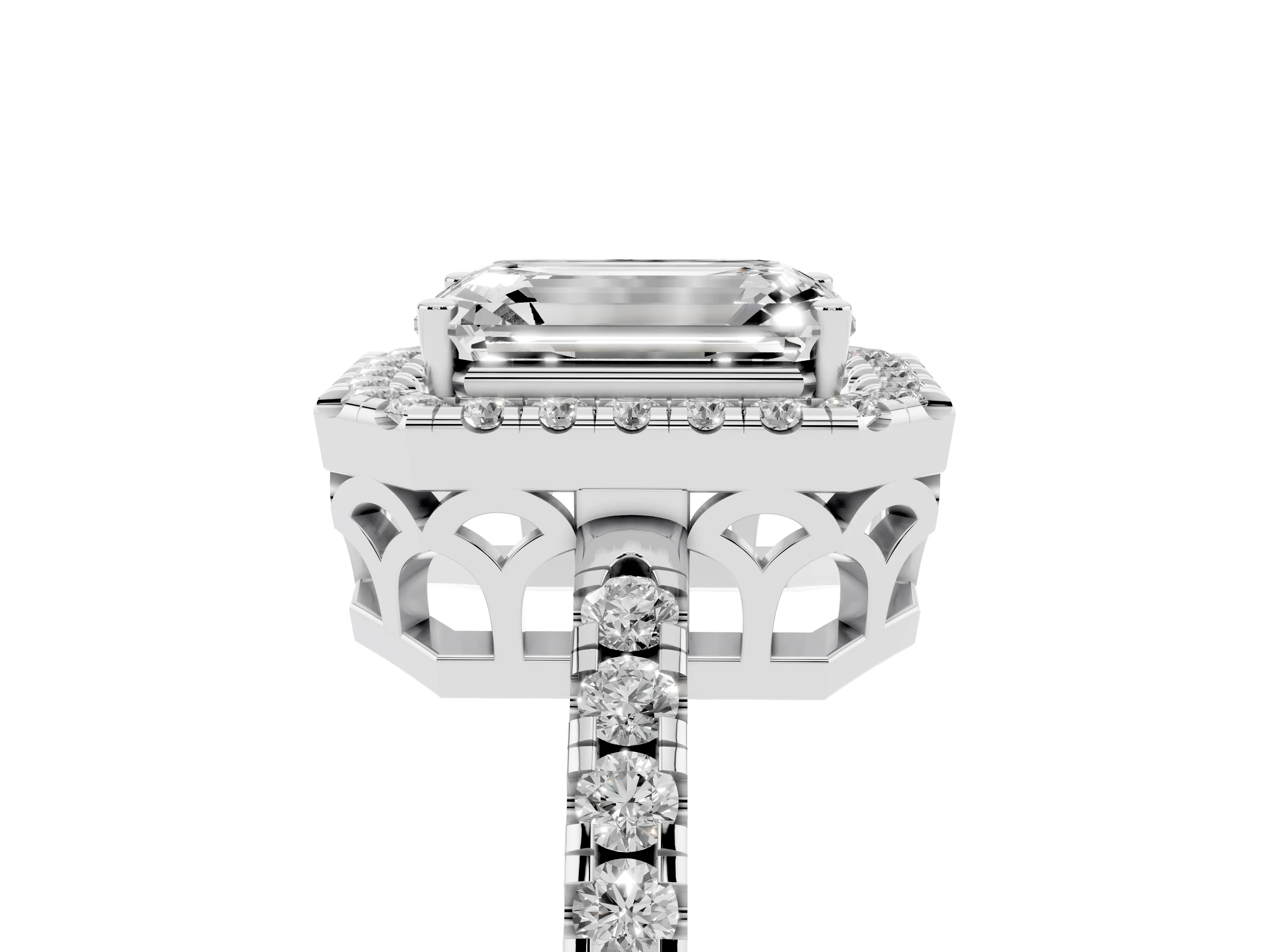 Emerald Cut Diamond Pavé Band Halo Engagement Ring Set in Silver with Prong Setting