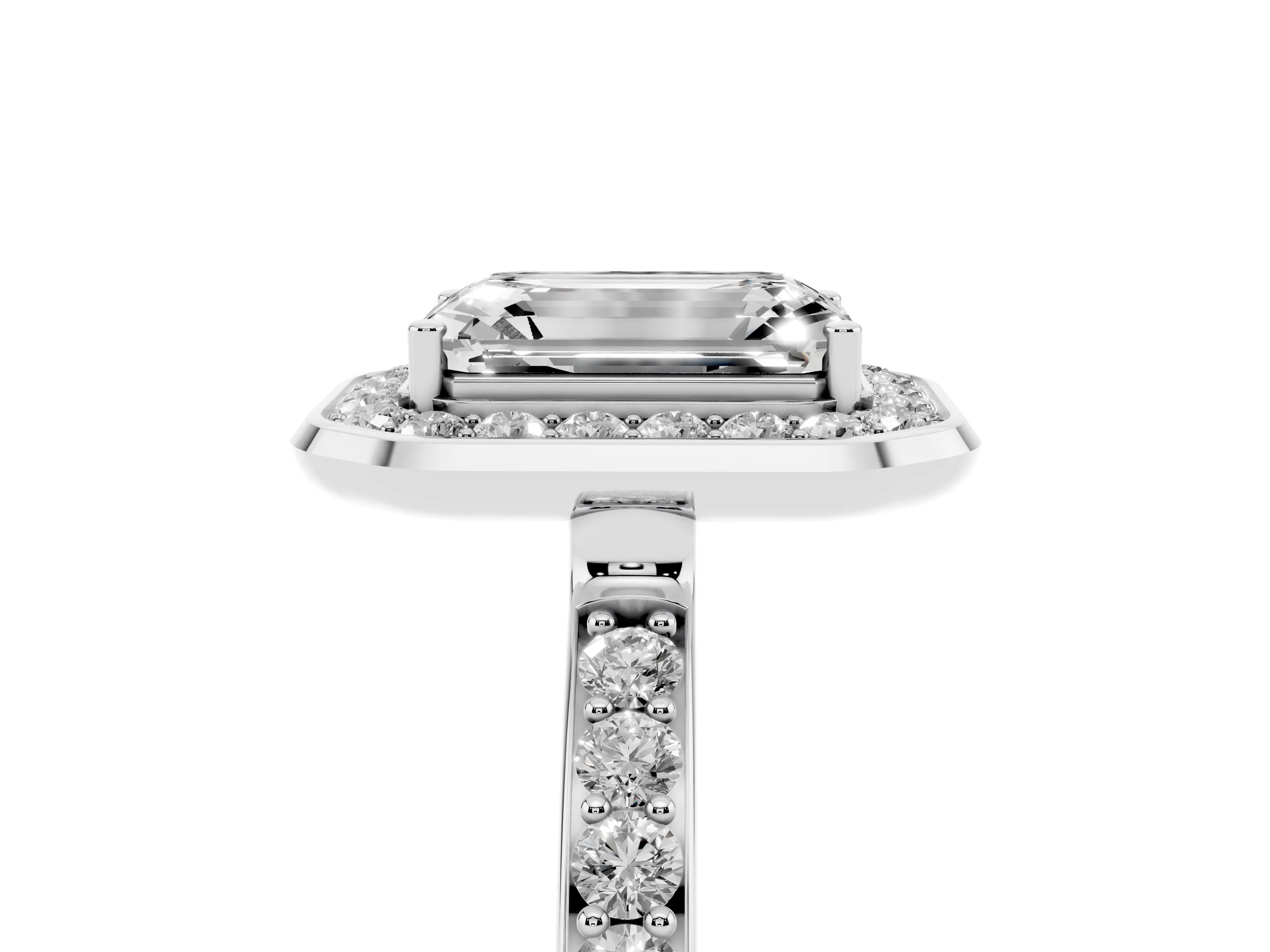 Emerald Cut Diamond Halo Ring Set in Silver with Bezel Frame and Pavé Band