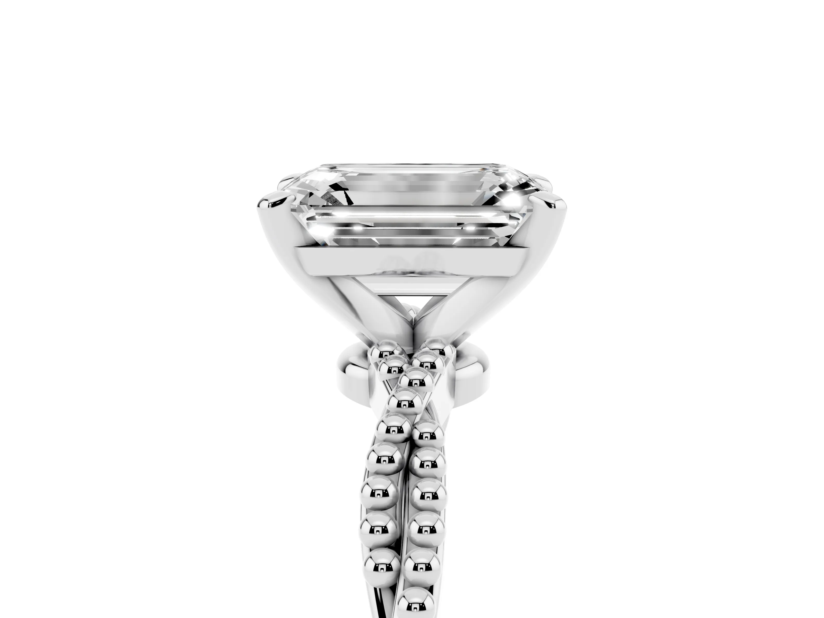 Emerald Cut Diamond Solitaire Ring Set in Platinum with Twisted Band and Bead Prong Setting