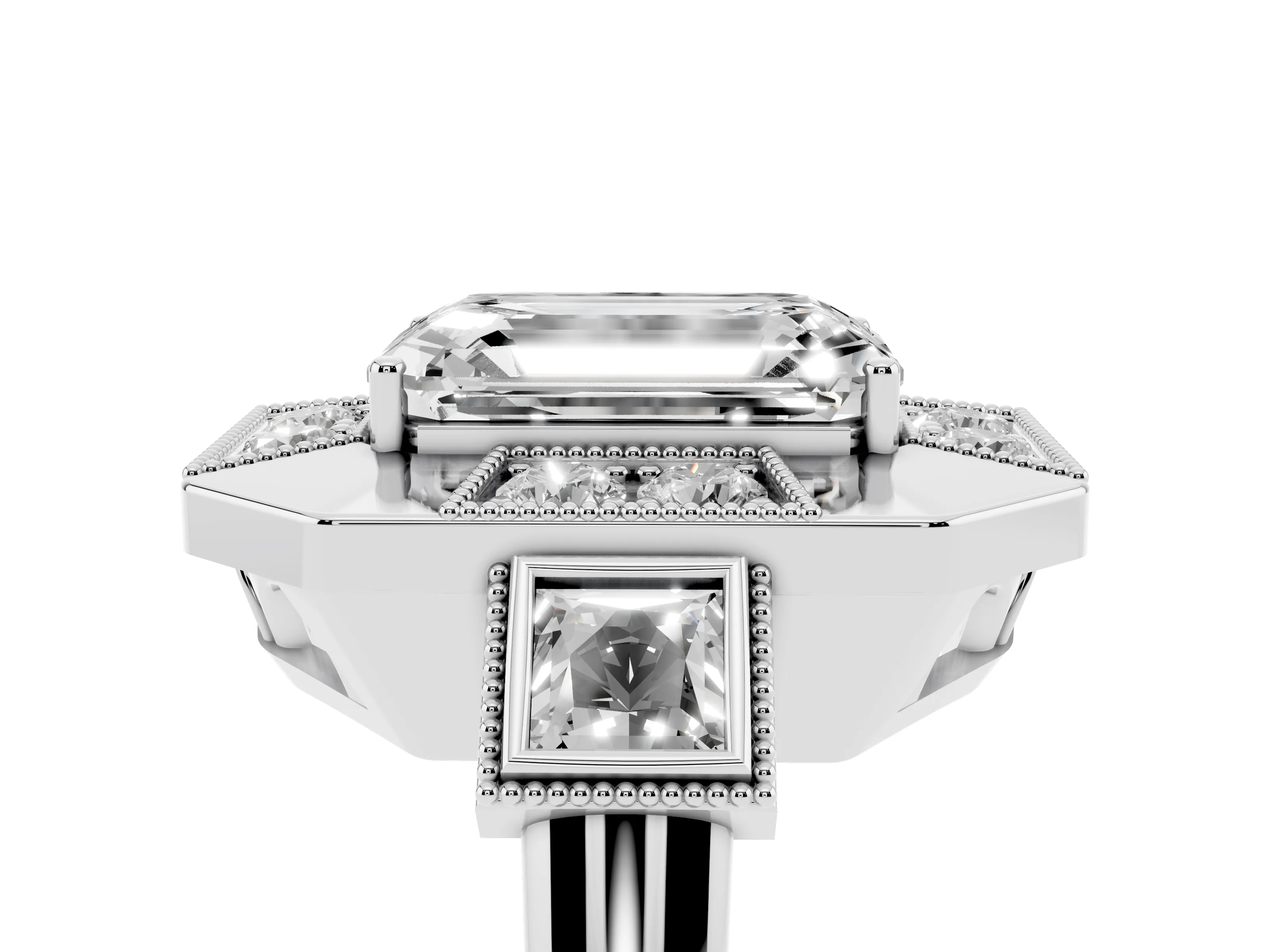 Emerald Cut Diamond Milgrain Halo Ring Set in Platinum with Split Shank