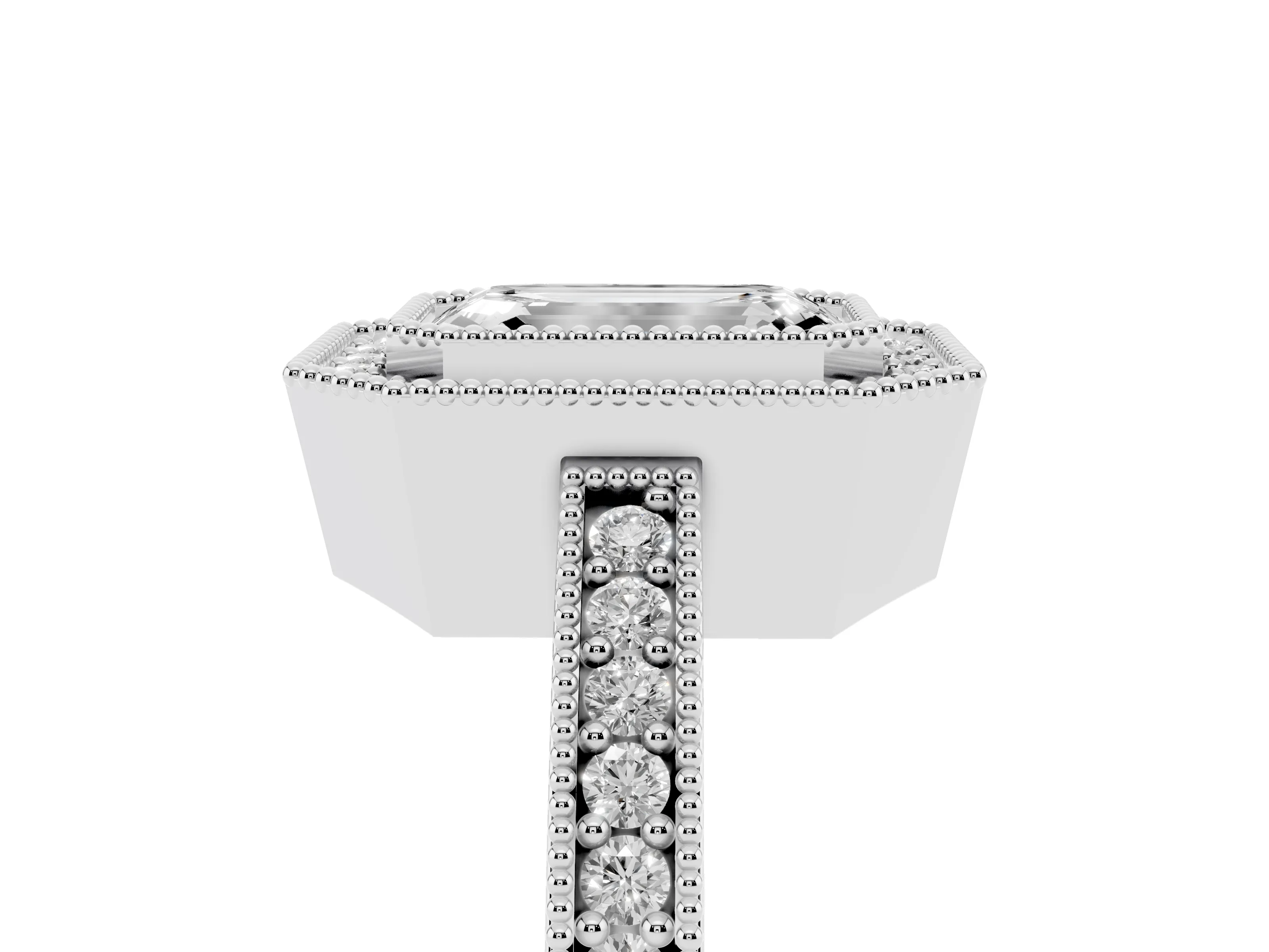 Emerald Cut Diamond Halo Engagement Ring Set in Platinum with Pavé Band and Round Halo Stones
