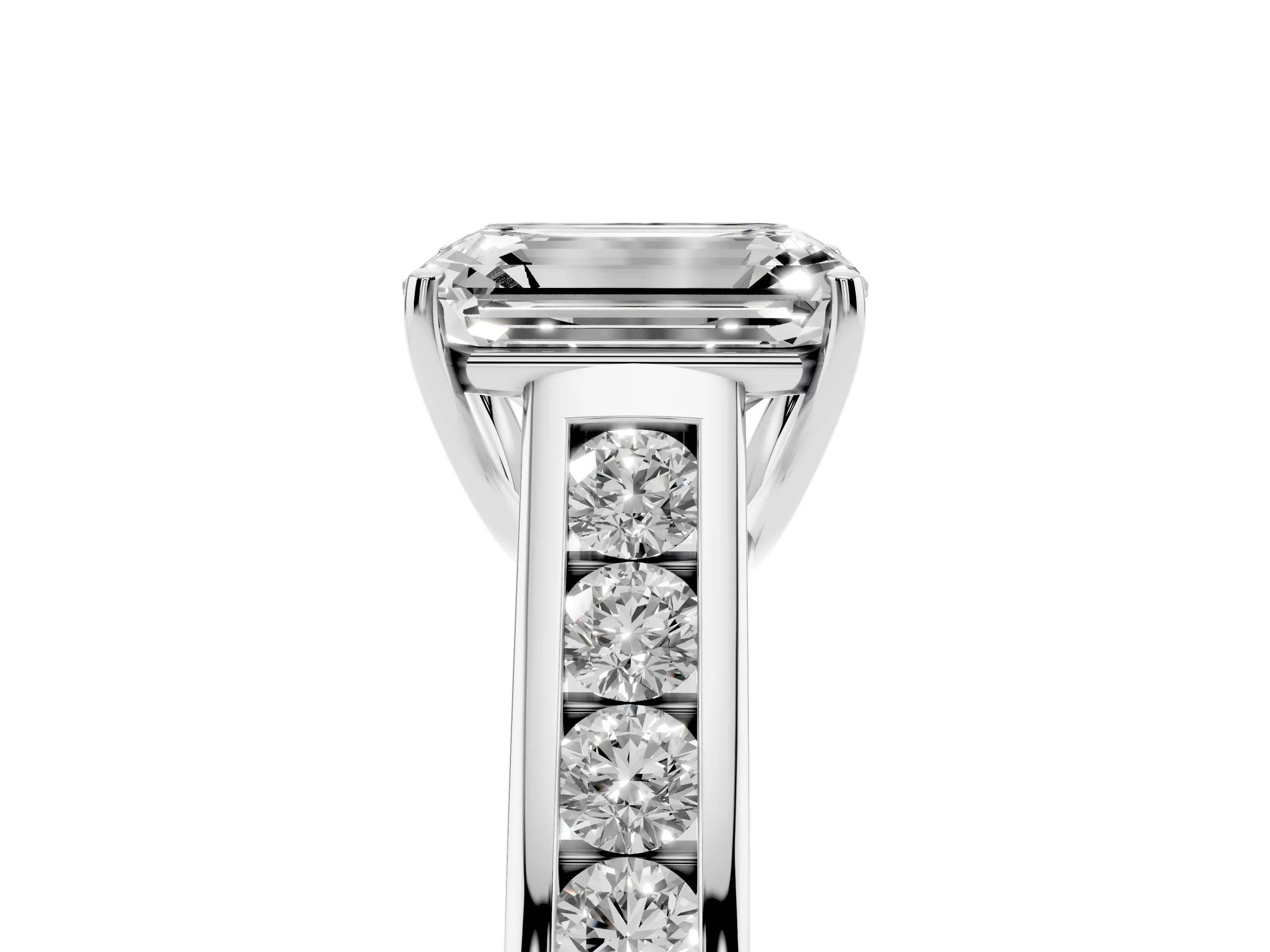 Emerald Cut Diamond Brilliant Channel-Set Solitaire Ring Set in White gold with Prong Setting