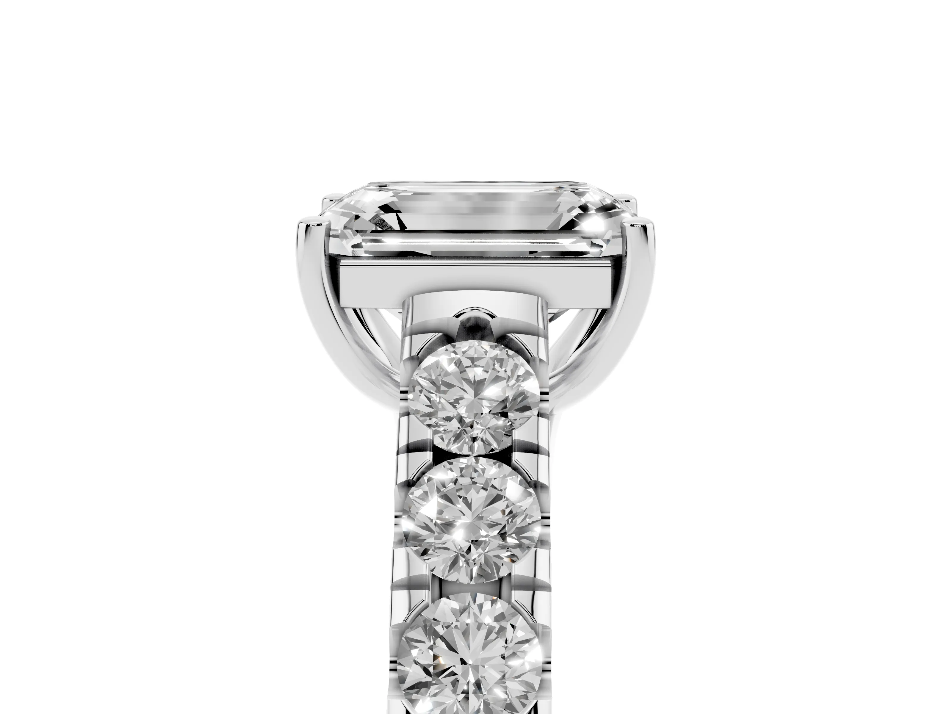 Emerald Cut Diamond Solitaire Ring Set in Platinum with Cut-Down Micro Pavé Band and Prong Setting