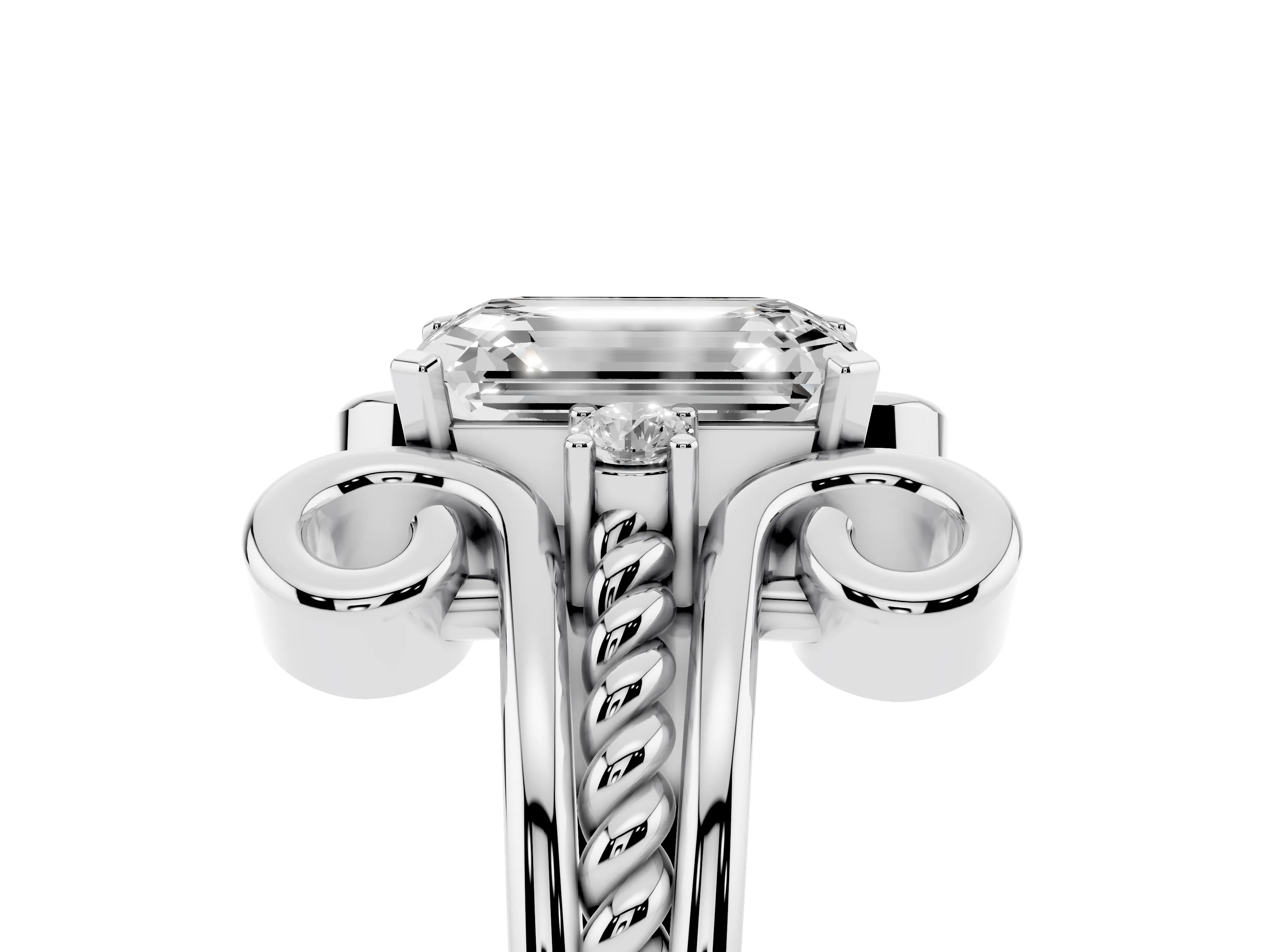 Emerald Cut Diamond Twisted Band Solitaire Ring Set in Platinum with Scroll Prongs
