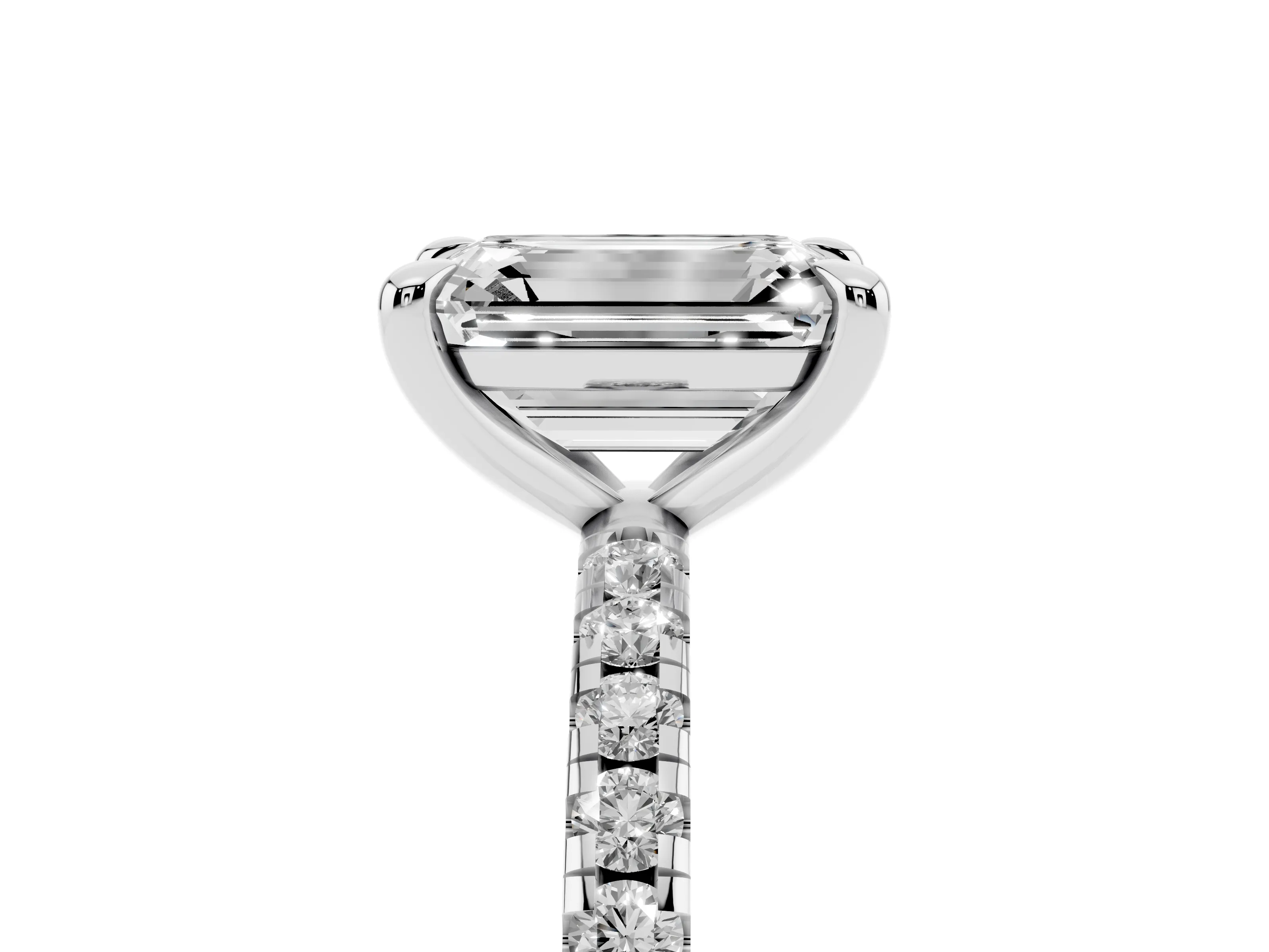 Emerald Cut Diamond Brilliant Solitaire Ring Set in White gold with Pavé Band and Prong Setting