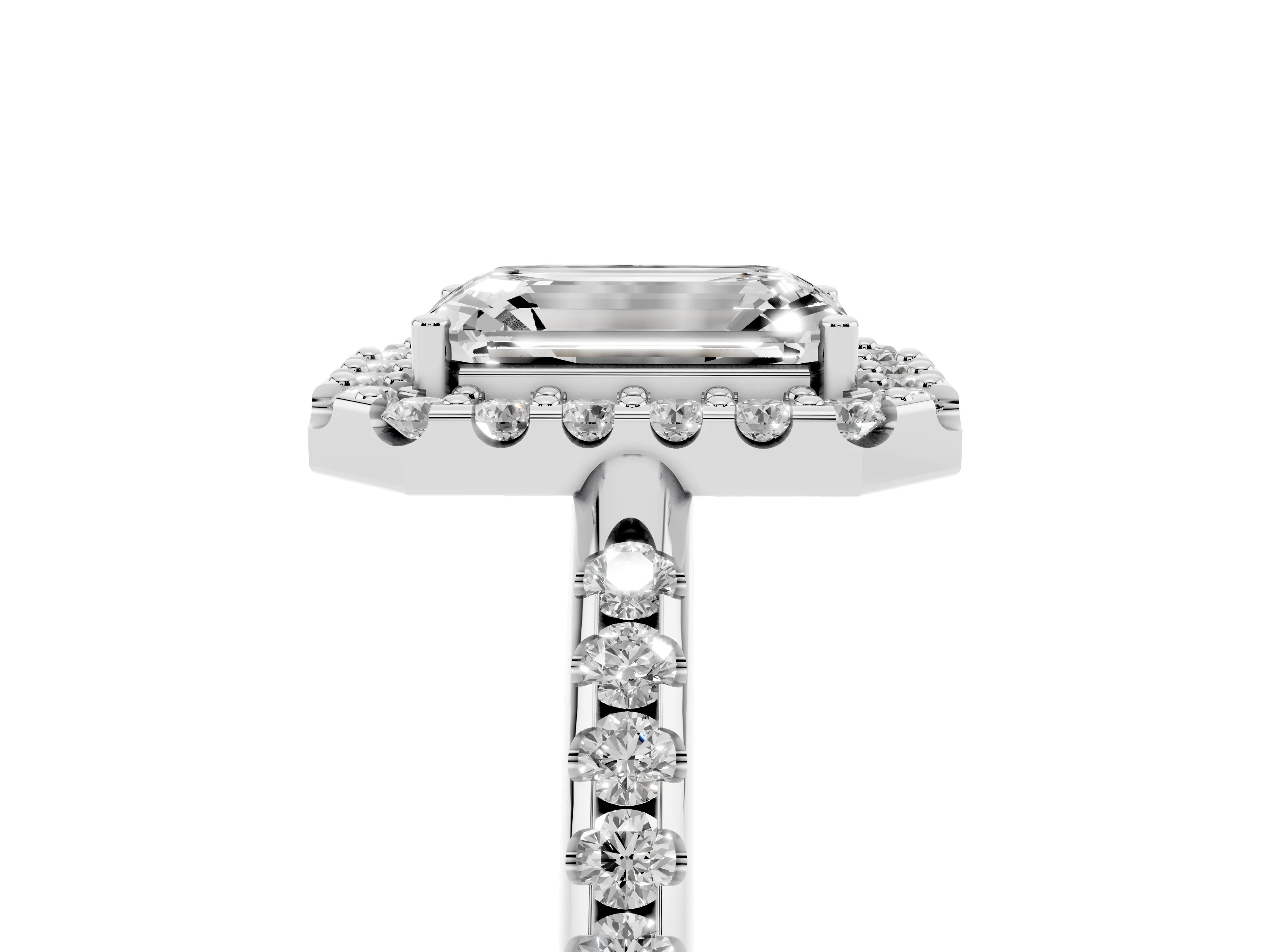 Emerald Cut Diamond Pavé Halo Ring Set in Silver with Prong Setting