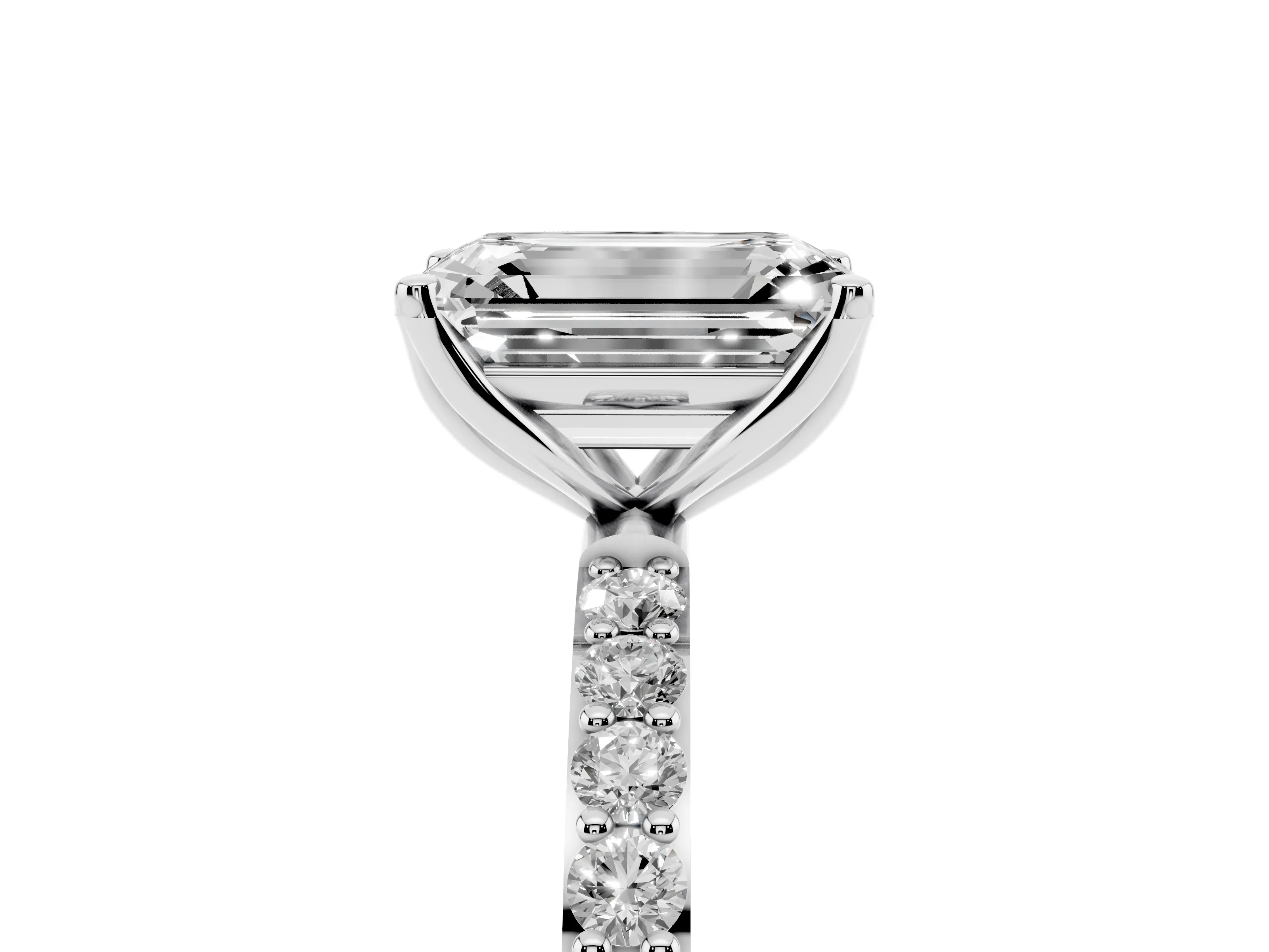 Emerald Cut Diamond Solitaire Engagement Ring Set in Platinum with Round Pavé Band and Prong Setting