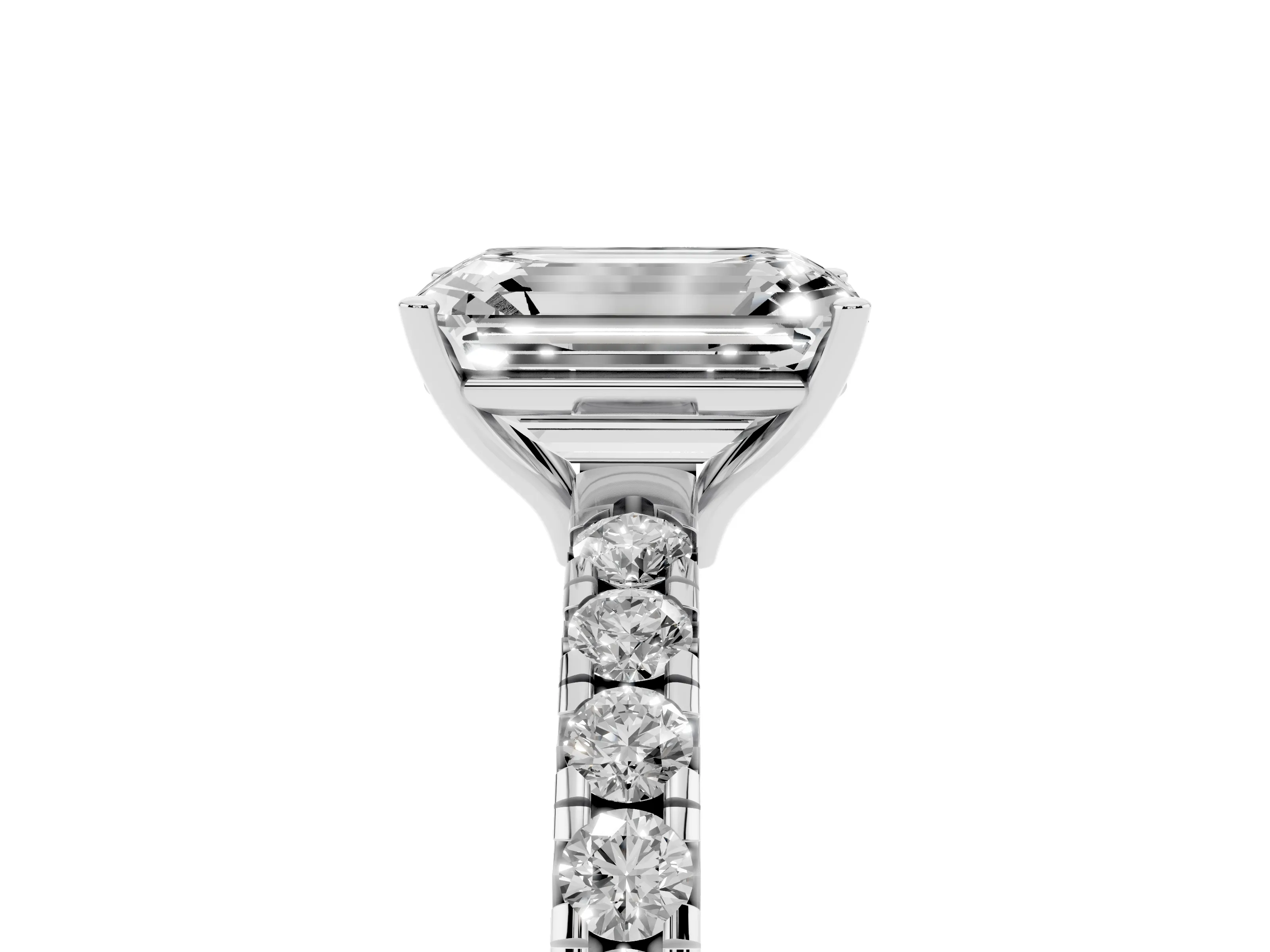 Emerald Cut Diamond Pavé Solitaire Engagement Ring Set in Silver with Prong Setting