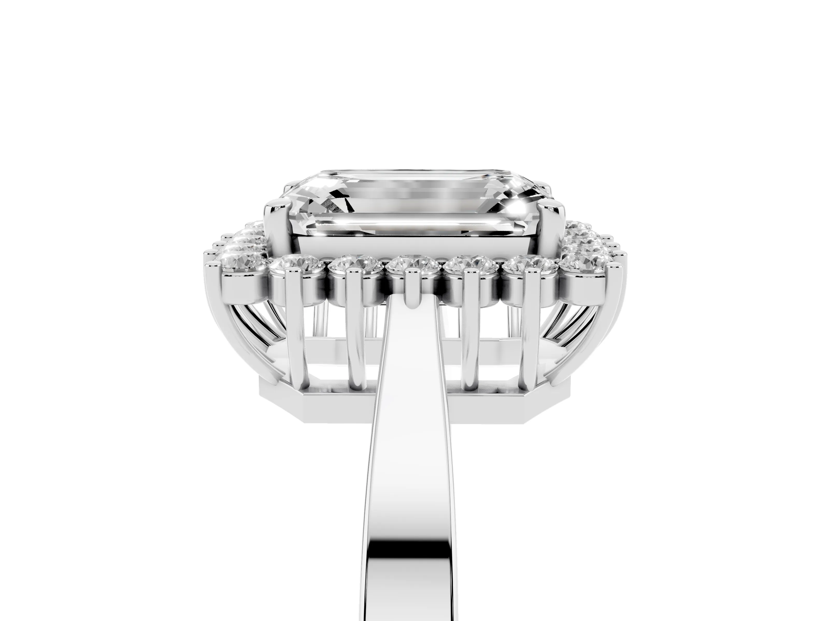Emerald Cut Diamond Halo Ring Set in White gold with Round Halo and Smooth Solitaire Band
