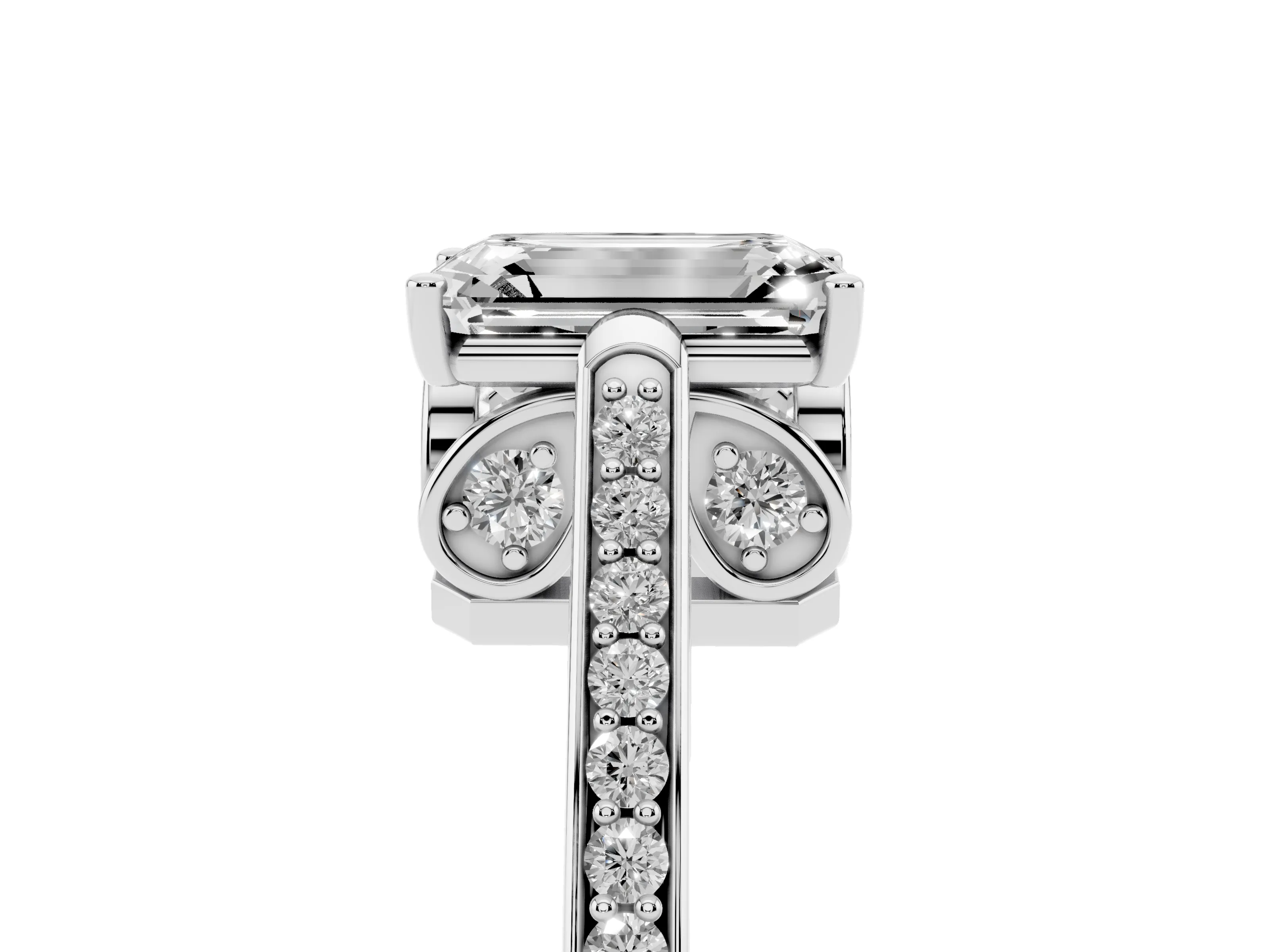 Emerald Cut Diamond Cathedral Pavé Engagement Ring Set in Platinum with Prong Setting