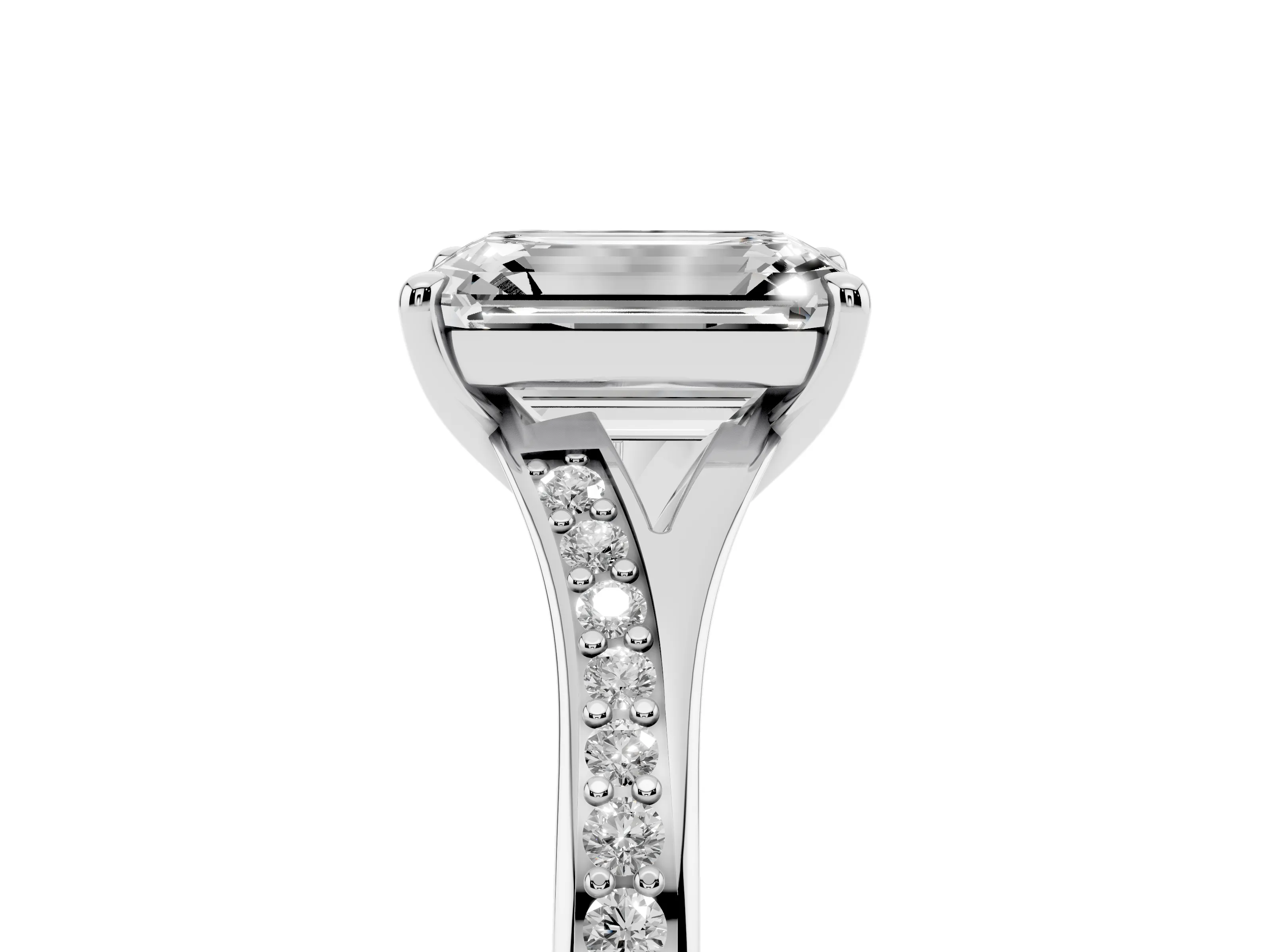 Emerald Cut Diamond Solitaire Ring Set in Silver with Pavé Accent Band and Classic Prong Setting