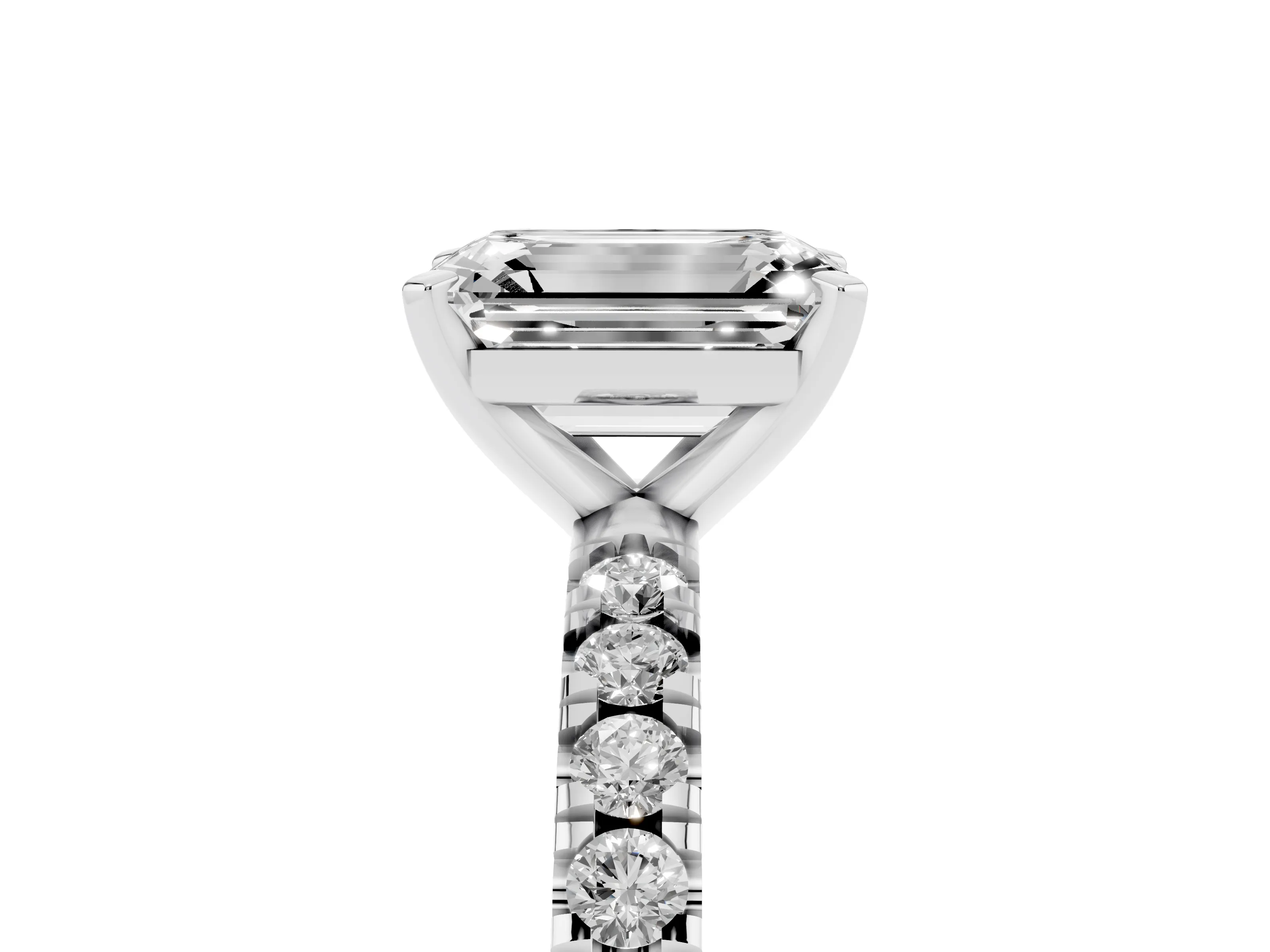 Emerald Cut Diamond Pavé Band Solitaire Set in White gold with Prong Setting