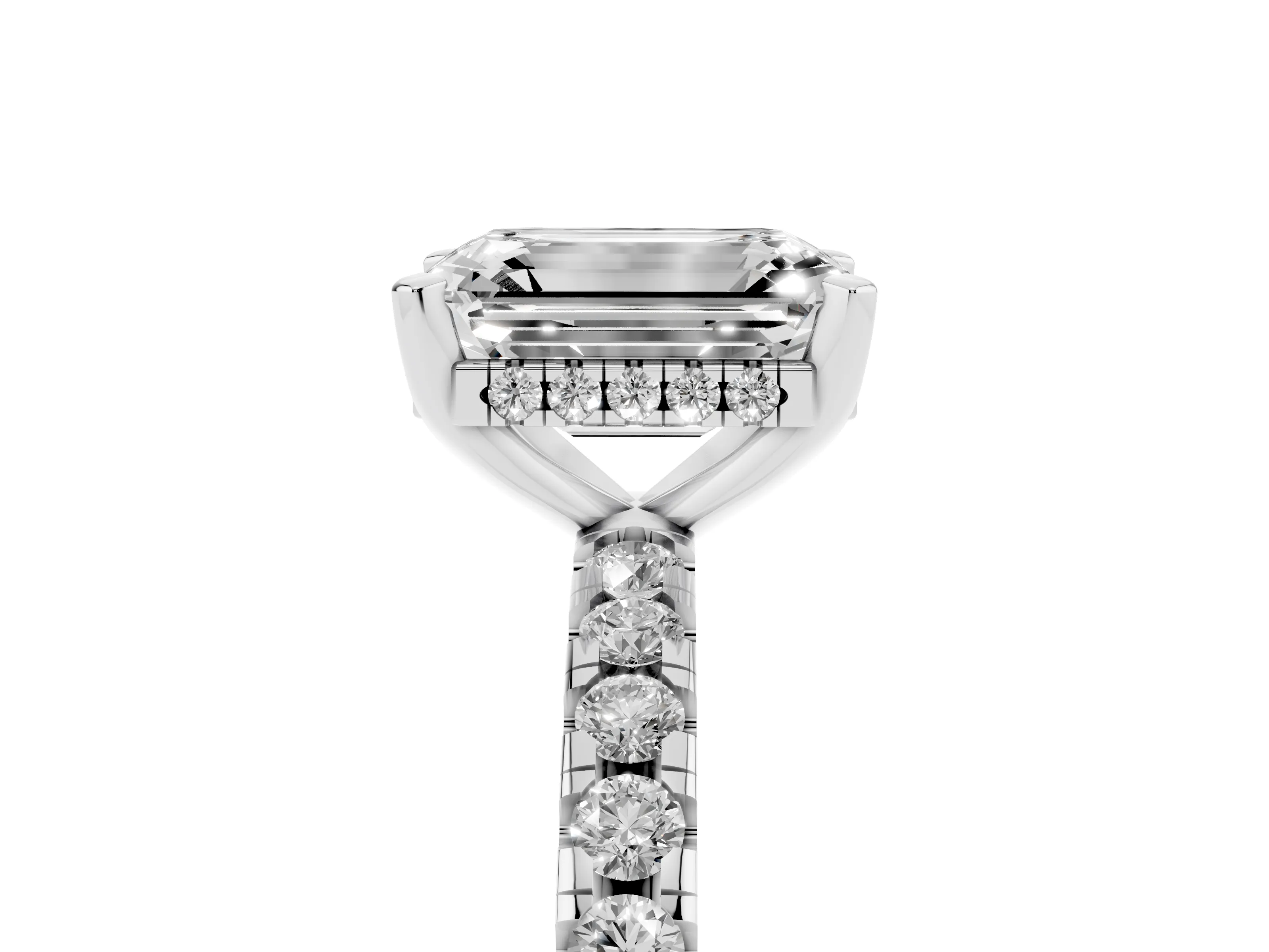 Emerald Cut Diamond Pavé Solitaire Ring Set in Platinum with Round Band Accents and Prong Setting