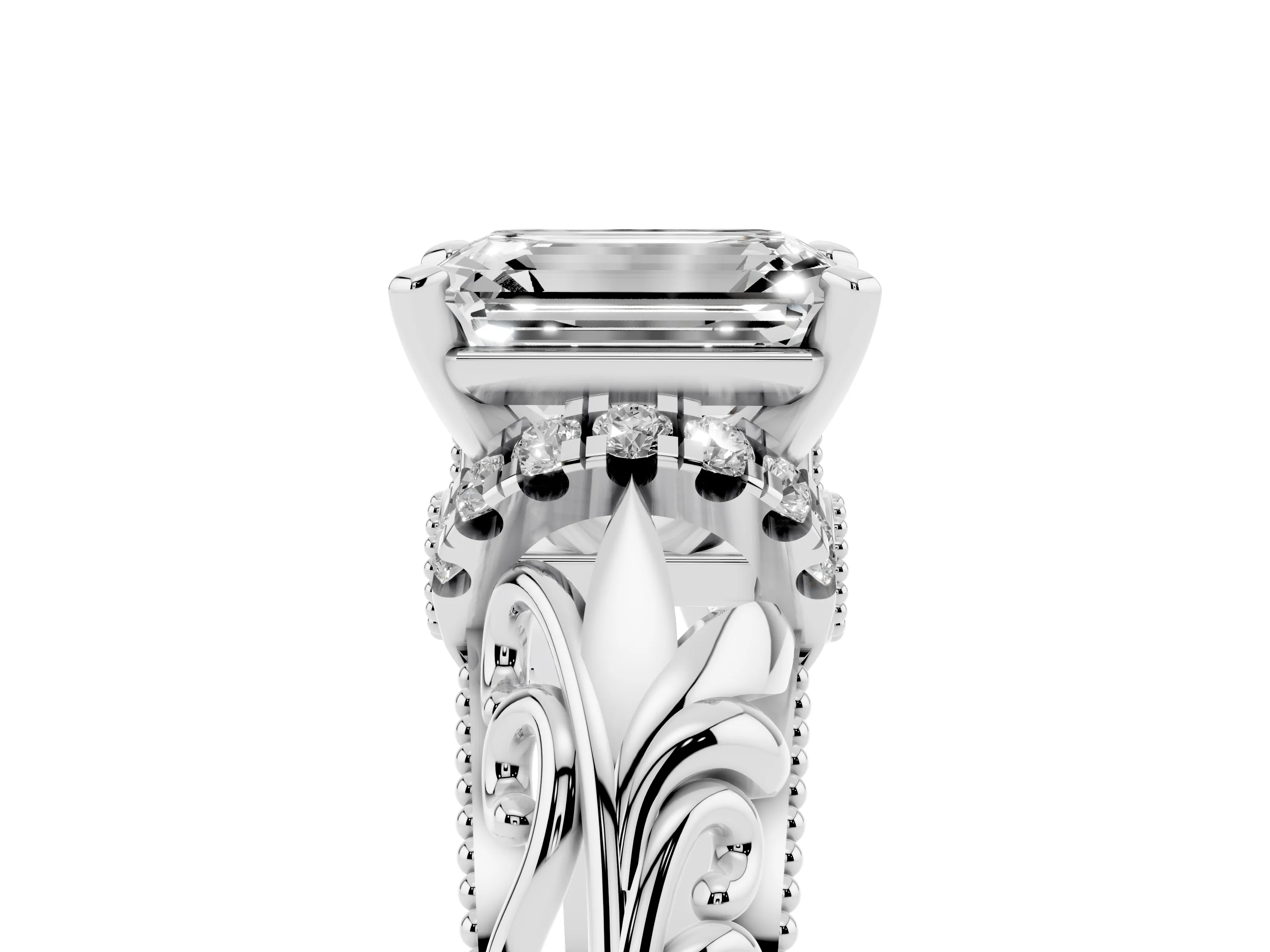 Emerald Cut Diamond Filigree Halo Engagement Ring Set in White gold with Prong Setting