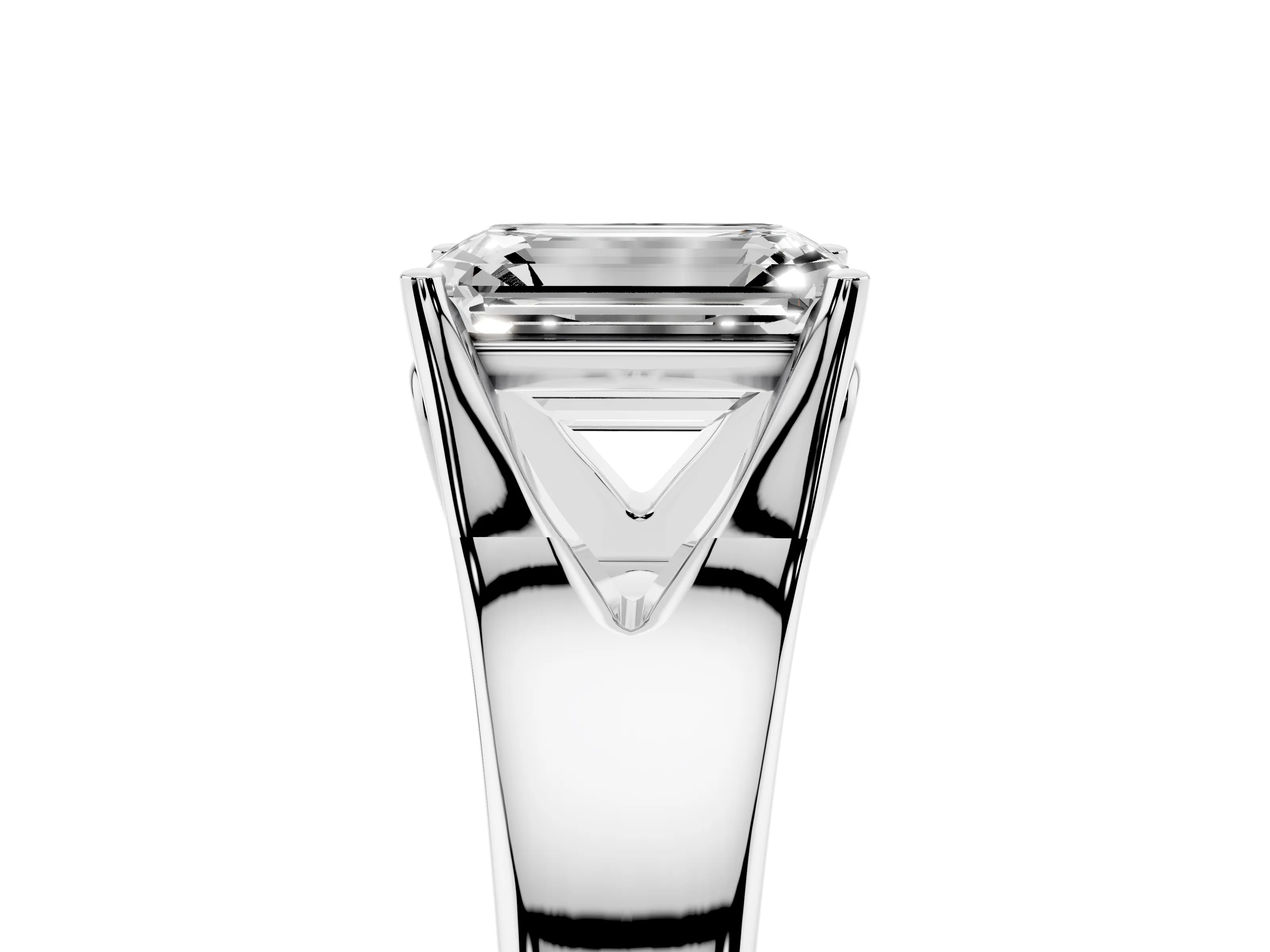 Emerald Cut Diamond Solitaire Ring Set in White gold with Arched Cathedral Band and Prong Setting