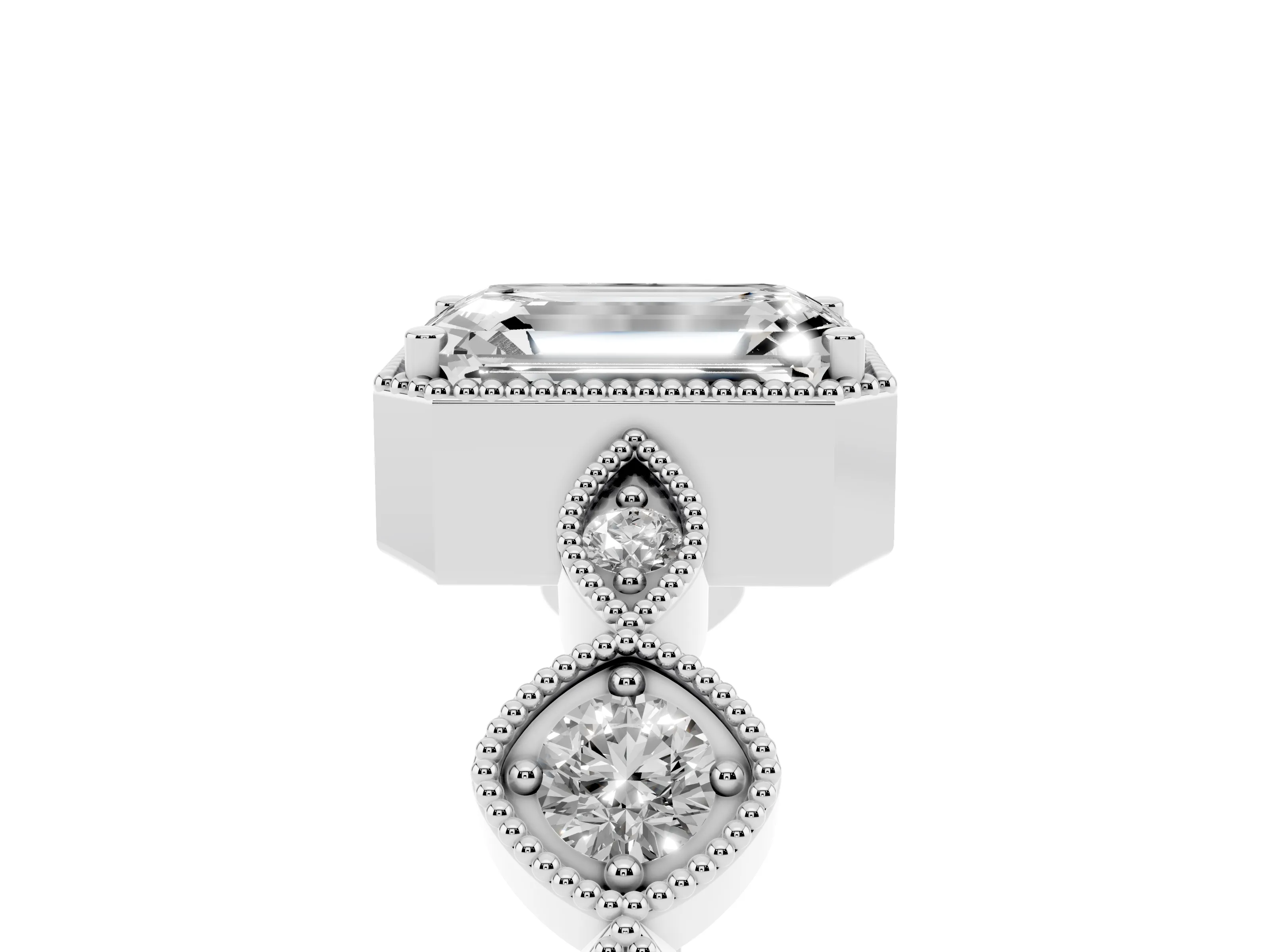 Emerald Cut Diamond Vintage-Inspired Milgrain Ring Set in Platinum with Marquise Stations of Round Accents