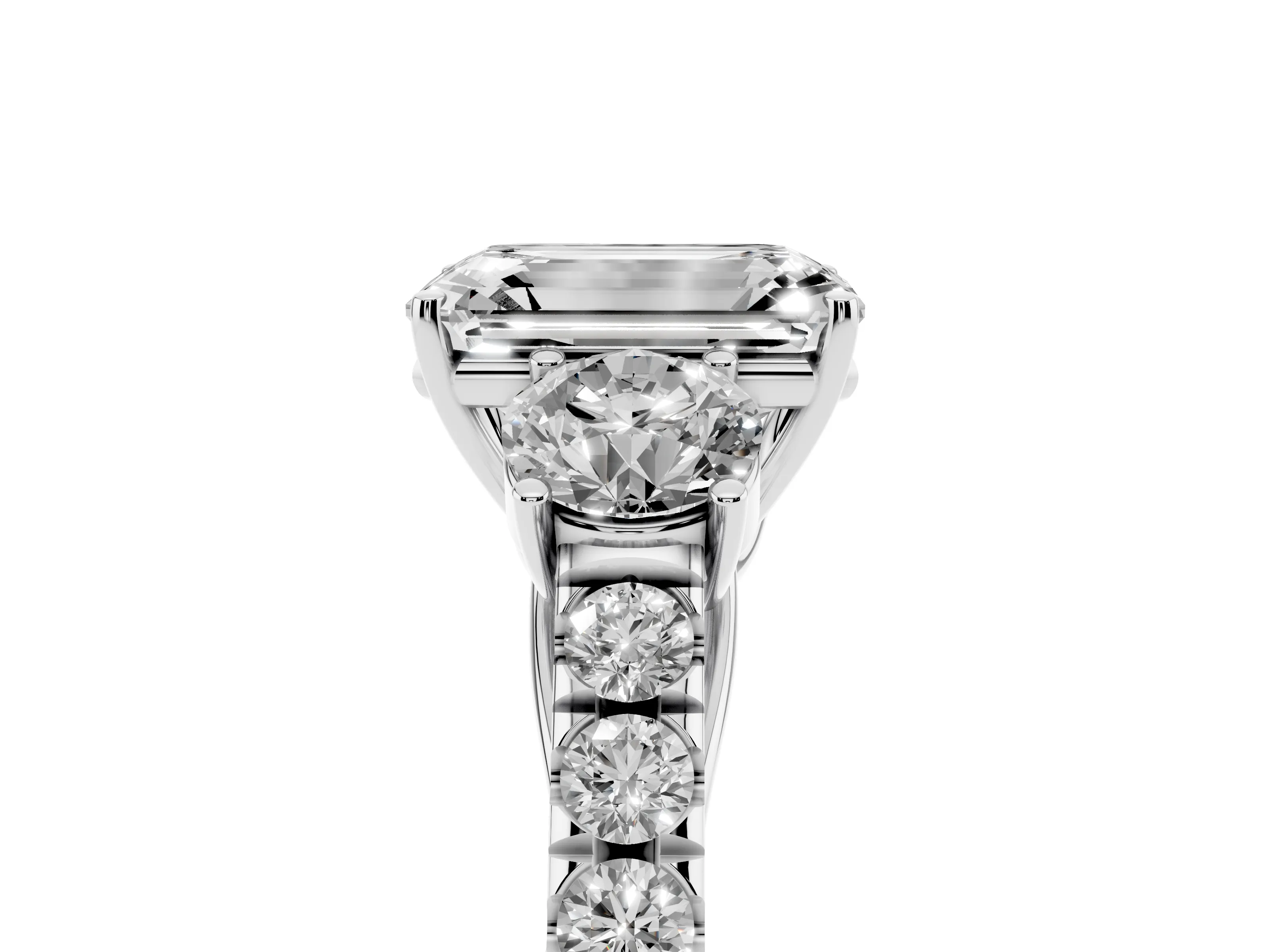 Emerald Cut Diamond Three-Stone Ring Set in White gold with Round Side Stones and Delicate Pavé Band