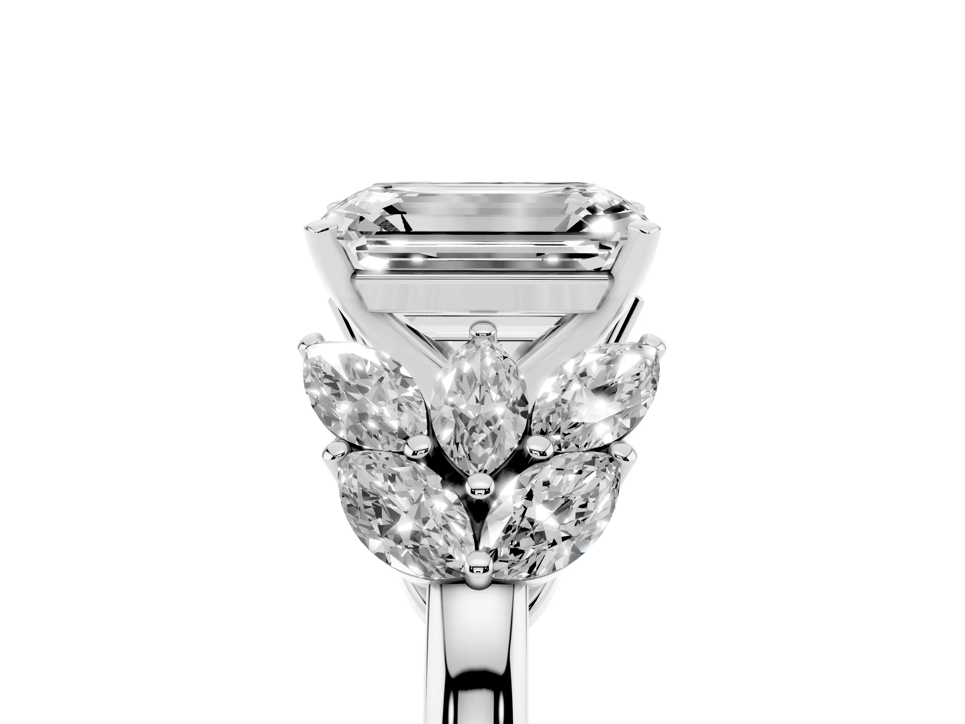 Emerald Cut Diamond Cluster Leaf Design Ring Set in Platinum with Prong Setting