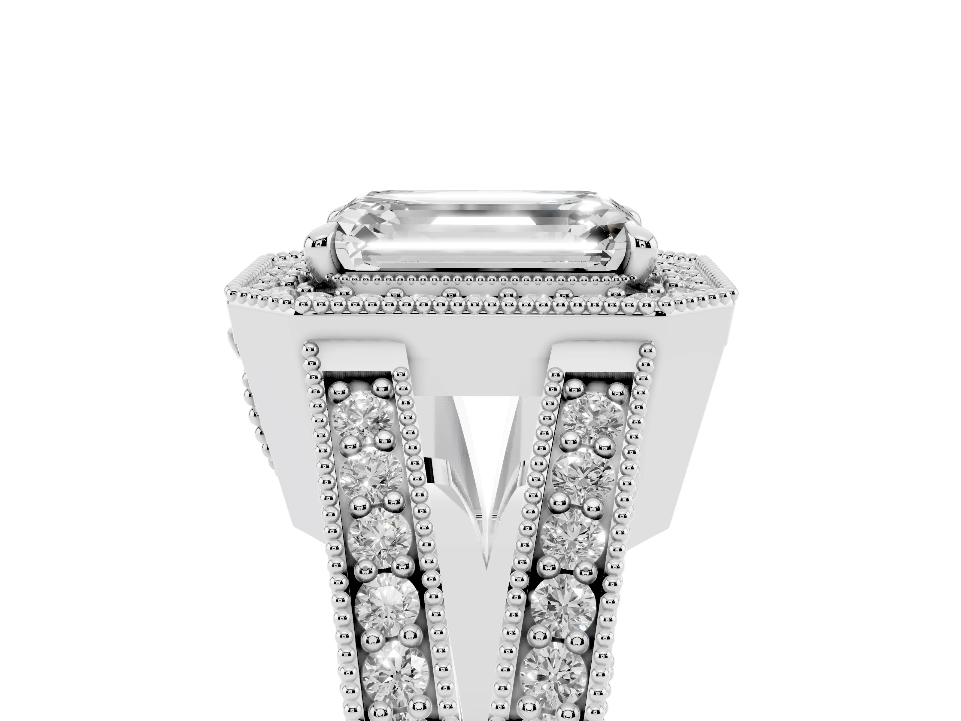 Emerald Cut Diamond Halo Ring Set in White gold with Stone-Set Split Shank and Milgrain Edges