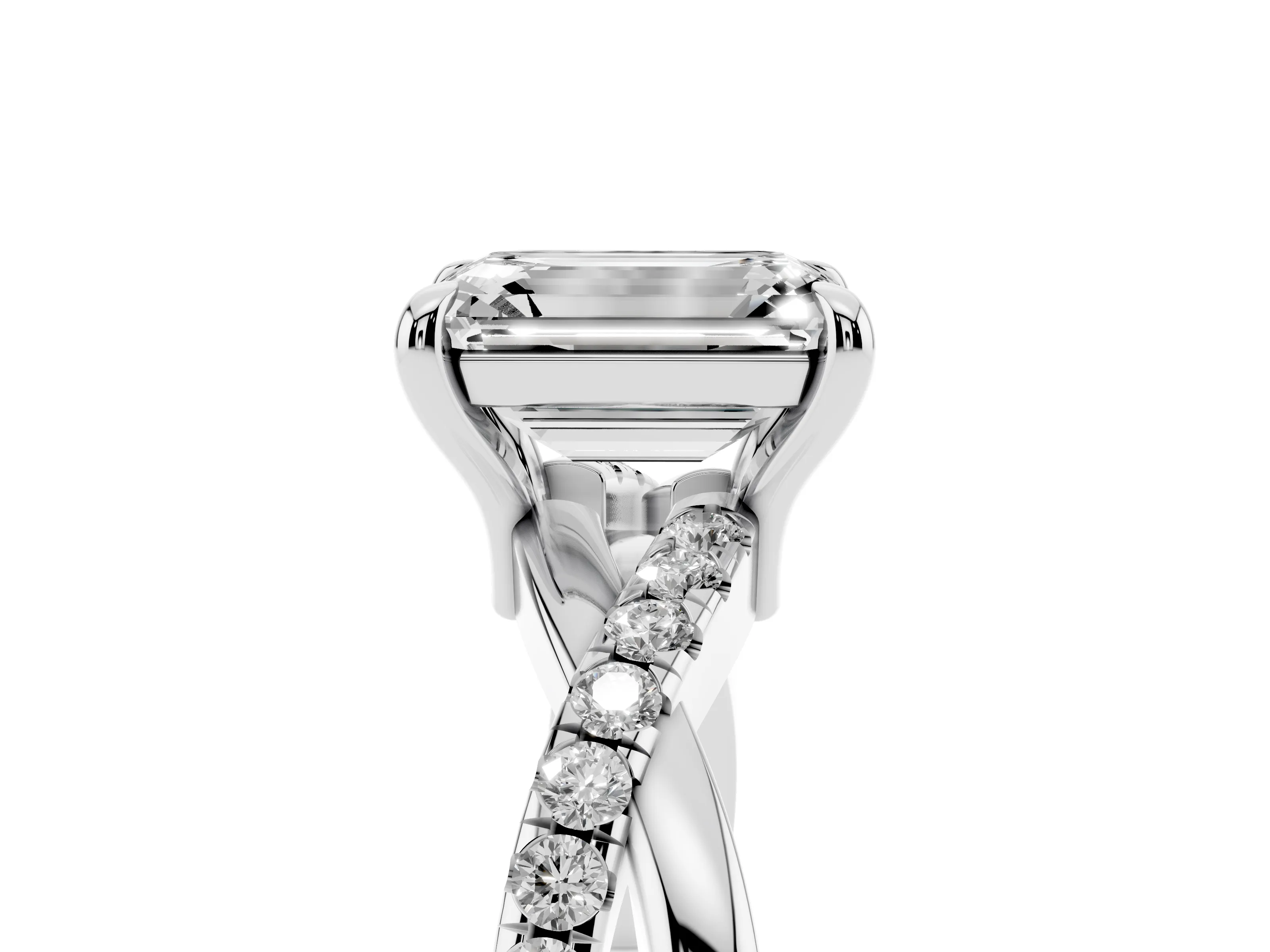 Emerald Cut Diamond Twist Band Solitaire Set in Platinum with Pavé Accents and Prong Setting